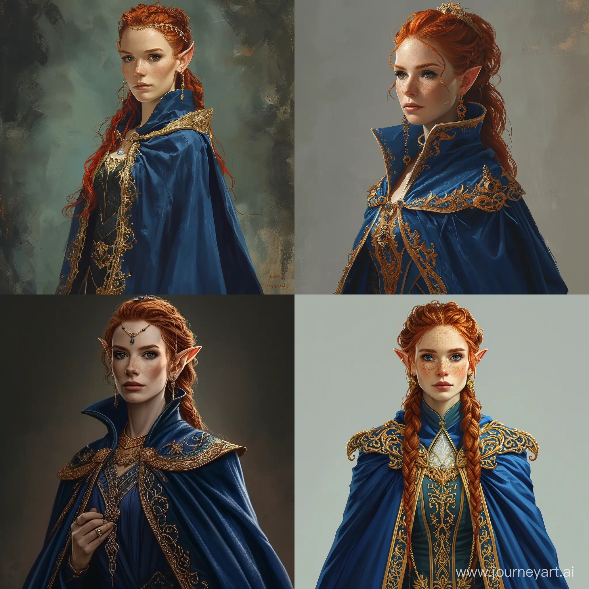 a woman with red hair wearing a blue cape, beautiful elf with ornate robes, portrait of an elf queen, beautiful and elegant elf queen, epic exquisite character art, beautiful character painting, portrait of very beautiful elf, portrait of a young elf wizard, stunning character art, portrait female elf wizard, portrait of a female mage, beautiful and elegant female elf, dnd character art portrait --v 6 --ar 1:1 --no 1162