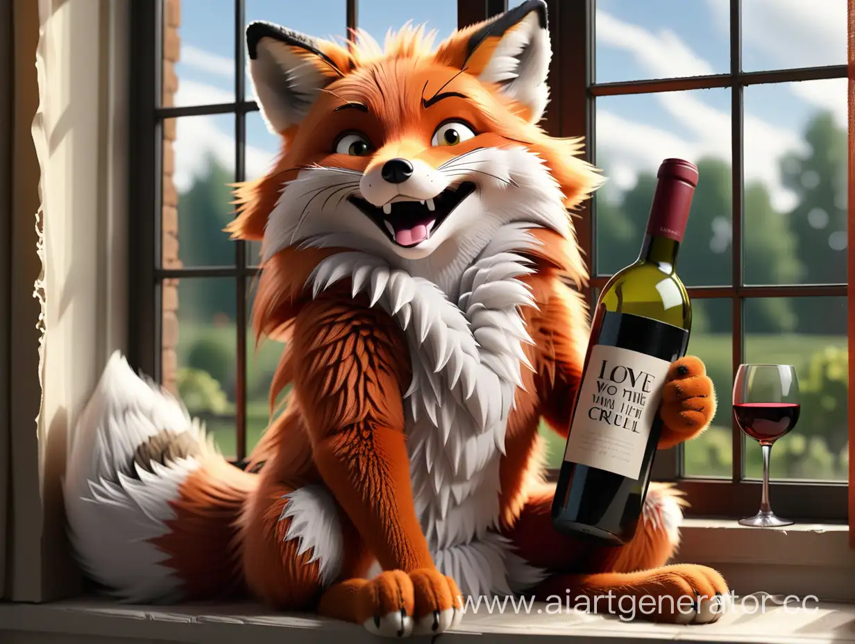 Melancholic-Fox-Serenades-by-Window-with-Wine-Bottle