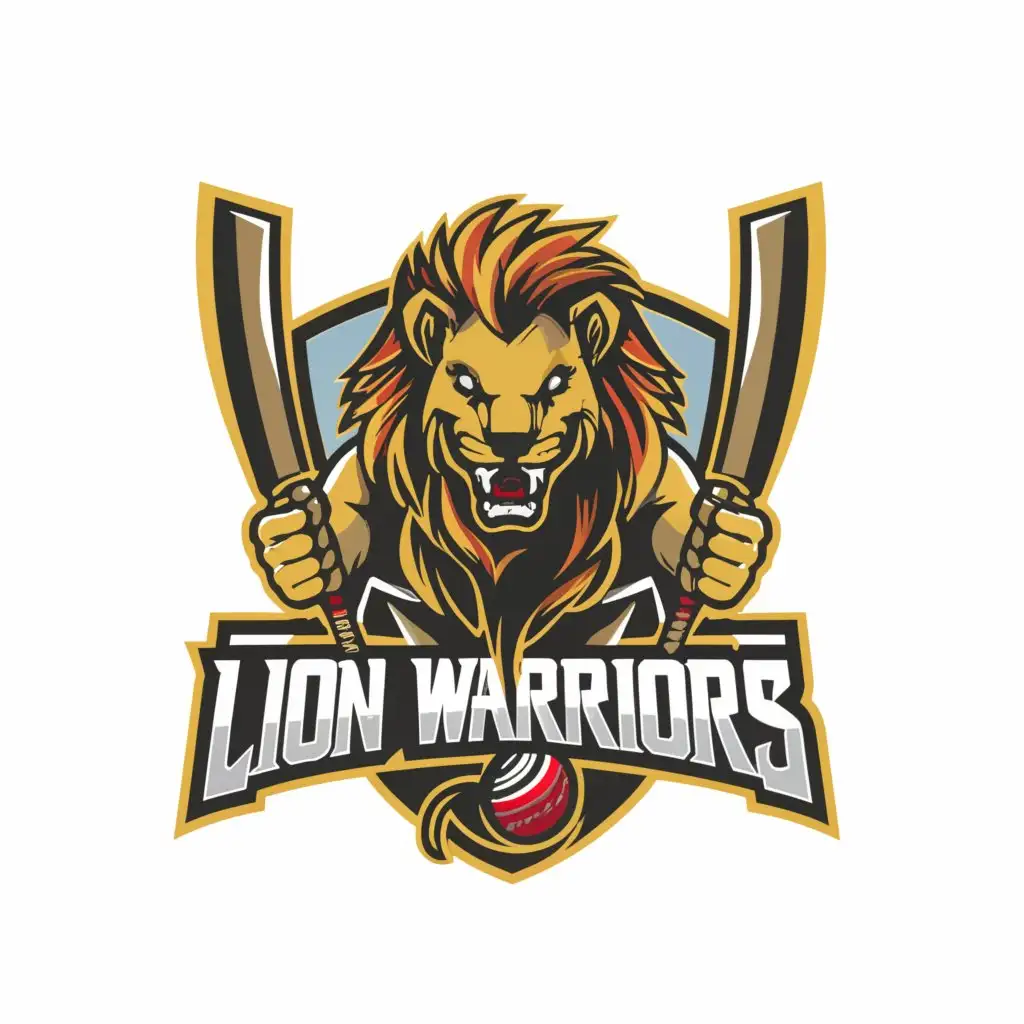 a logo design,with the text "LION WARRIORS", main symbol:Angry Lion with bat and ball and cricket,Moderate,be used in Sports Fitness industry,clear background