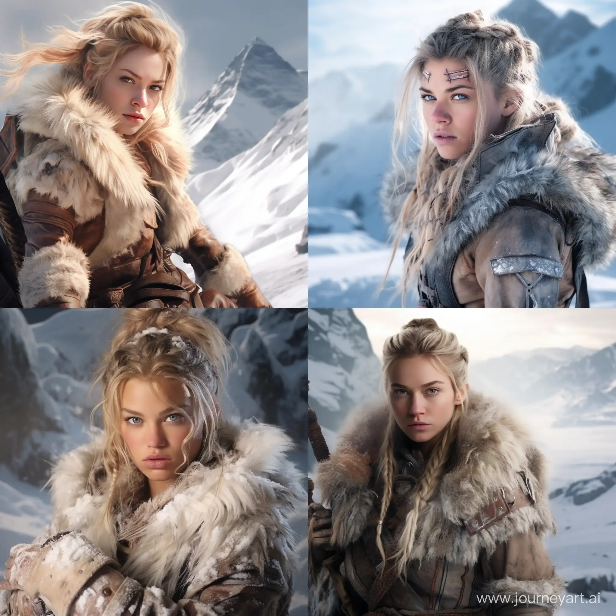 Blonde girl. Hairstyle with a ponytail. Dressed in fur clothes. In the hands of Combat Combat. Terrible looking girl.Hammer. White eyes. Snow and mountains.