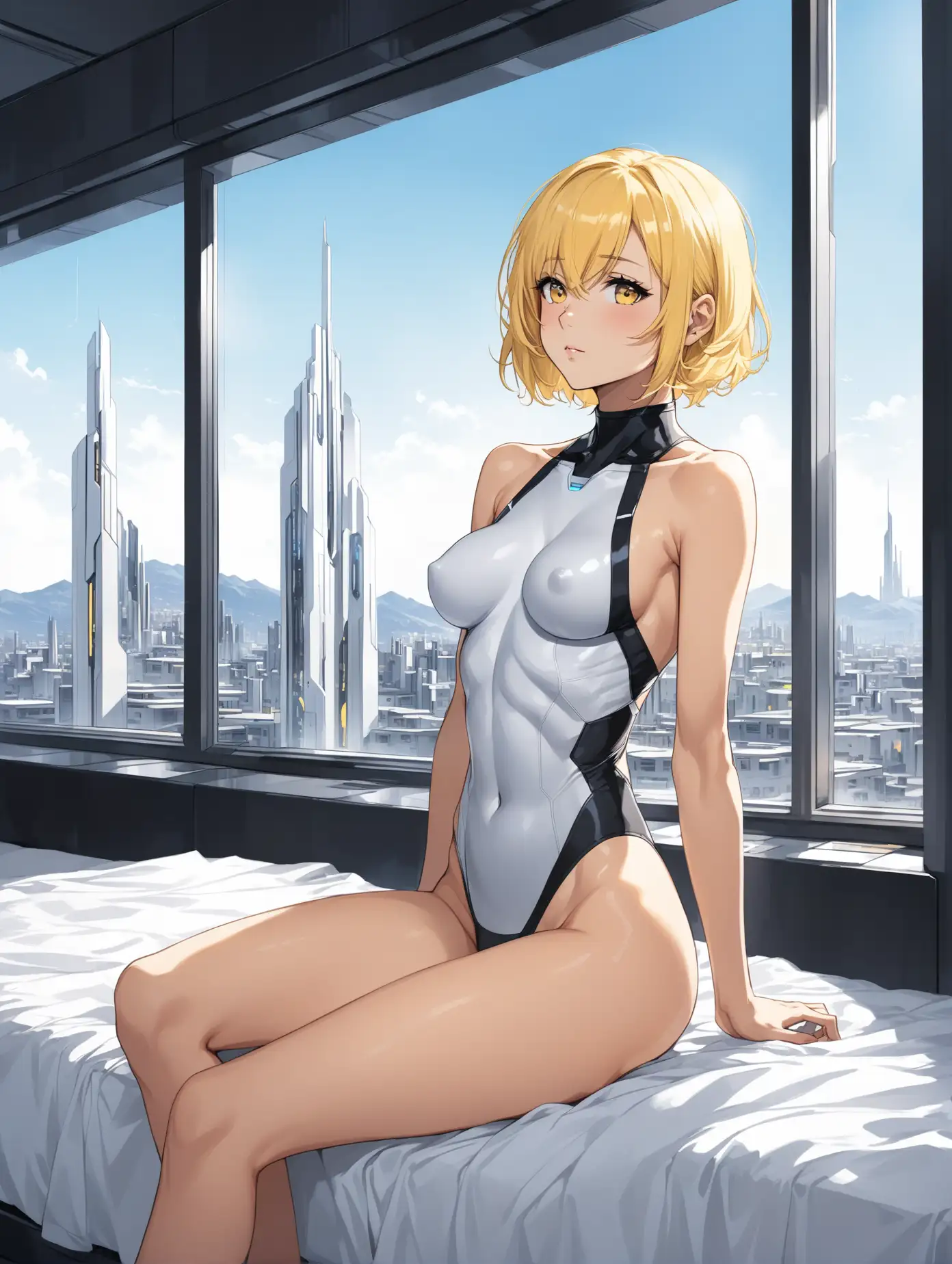 sexy fit 24 year old hero girl, short chin length yellow hair, sitting on edge of bed in futuristic apartment, naked medium breasts, black panties, sexy toned body, blue sky and futuristic town in background through window, yellow black white 3 color minimal design