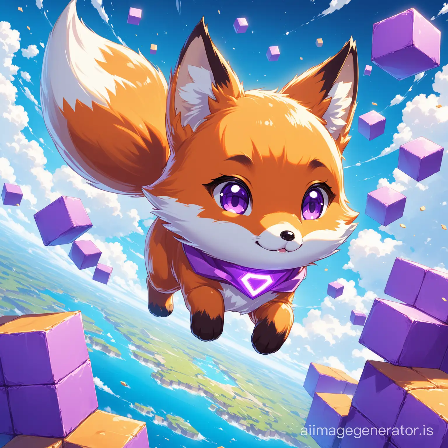 A little cute fox  flying on the earth with super detail and High Quality
Purple and floating blocks are seen everywhere
Details are evident beautifully and with great precision
