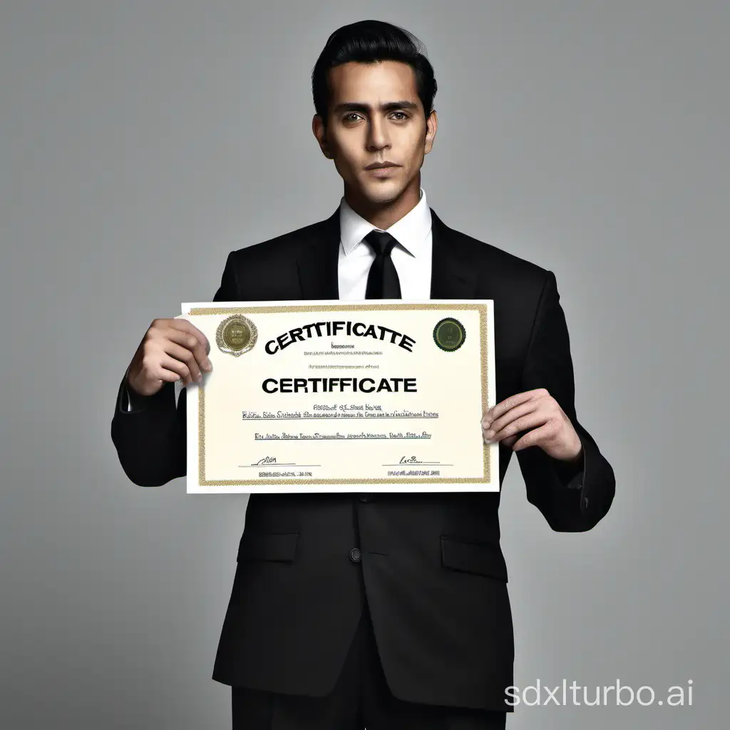 a man dressed in a black suit and tie, carrying a paper in his hand that says CERTIFICATE