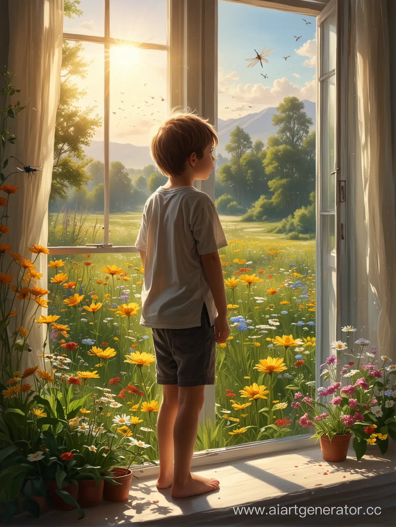 Boy-Admiring-Meadow-with-Dragonfly-in-Sunlit-Window-Scene