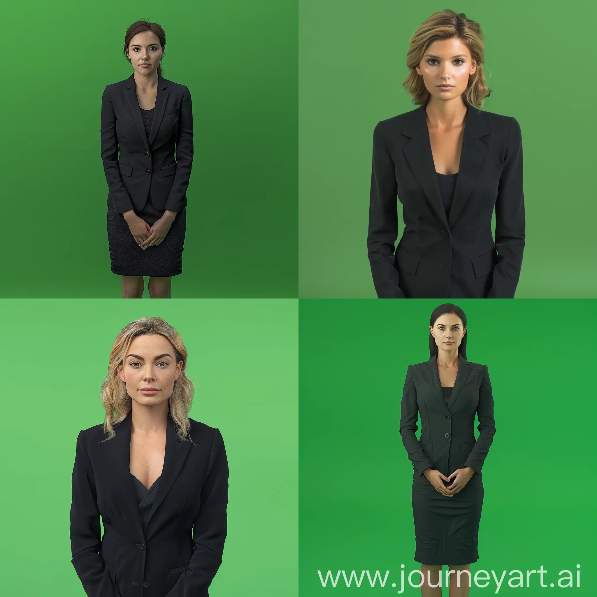 Produce a lifelike portrait of a formal female news presenter based on a real individual. 
The image should depict a presenter standing upright, still no movement, showing their full body, with a natural expression. 
Utilize a high-quality, front-facing photograph with well-defined lighting (dont use any shadows as the light is from the front). 
The background must be a solid chroma green color.
Ensure that the edges of the model are smooth to facilitate future background removal, for instance by avoiding complex hairstyles, and smooth cloth borders.