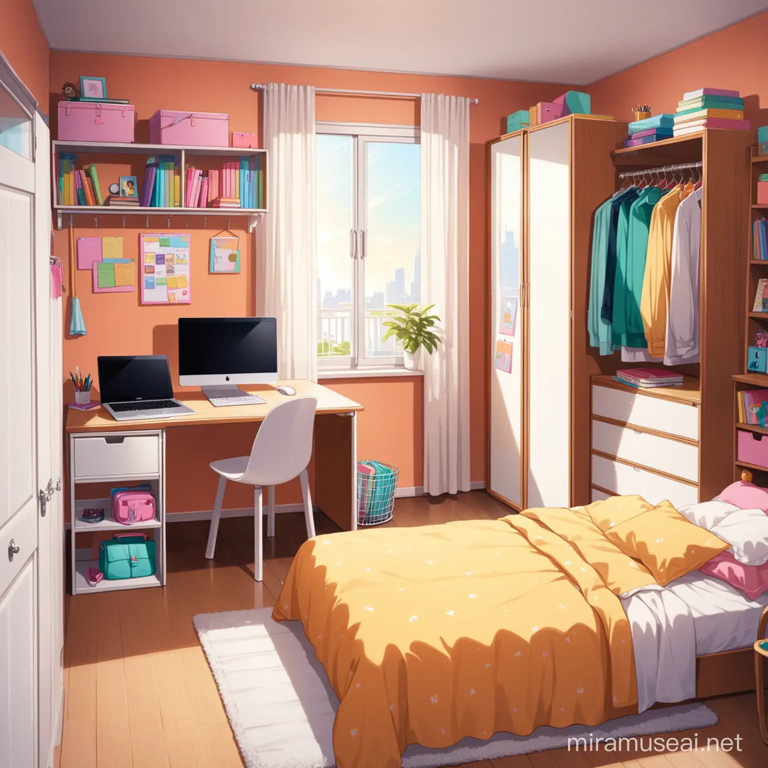 animated picture of the bedroom of a teenager and add a noticeboard, shelves, a wardrobe with clothes in it, a desk, a chair, books, a mirror, a laptop, an umbrella, a balcony