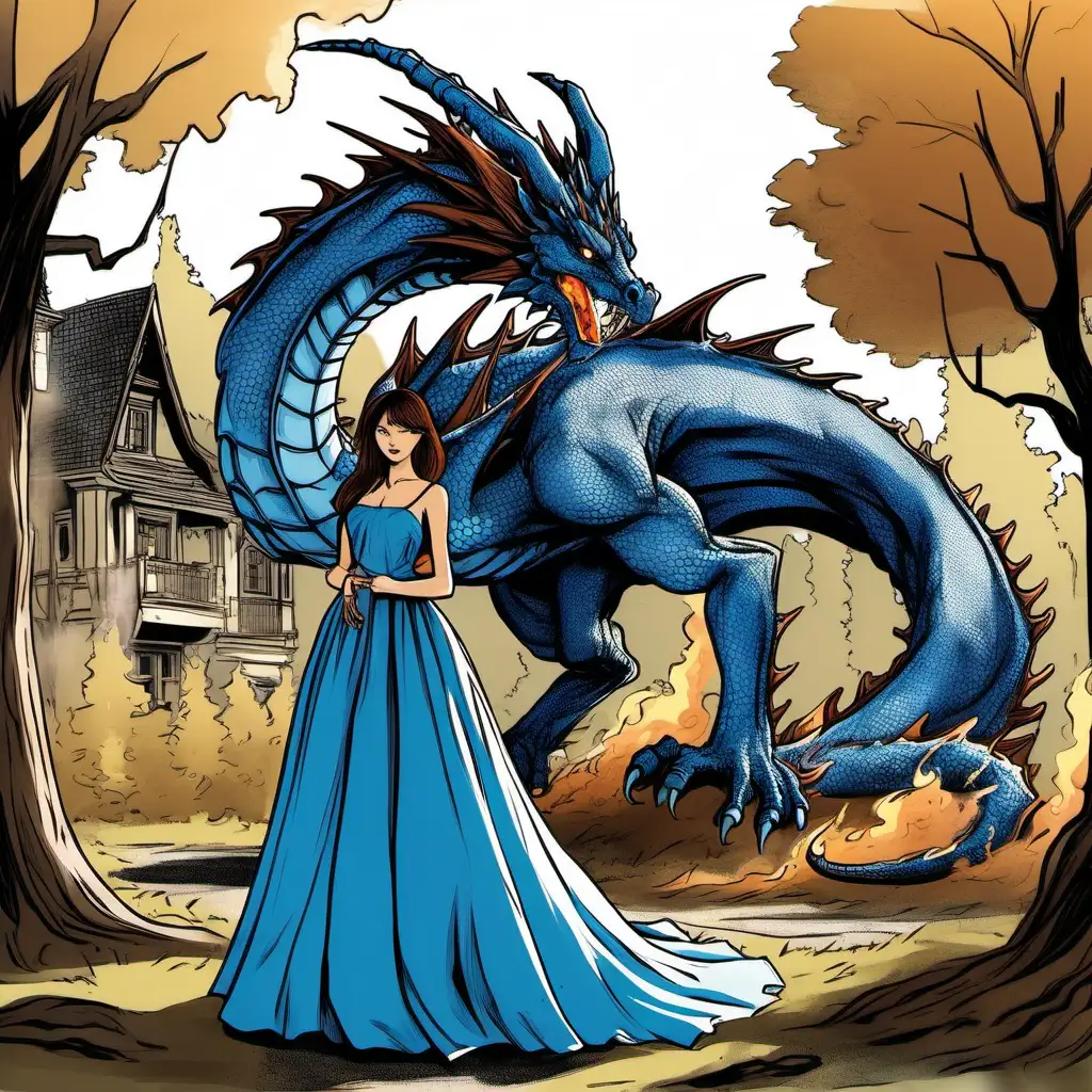 Majestic Blue Dragon Breathing Fire with Elegant Woman in Forest Clearing