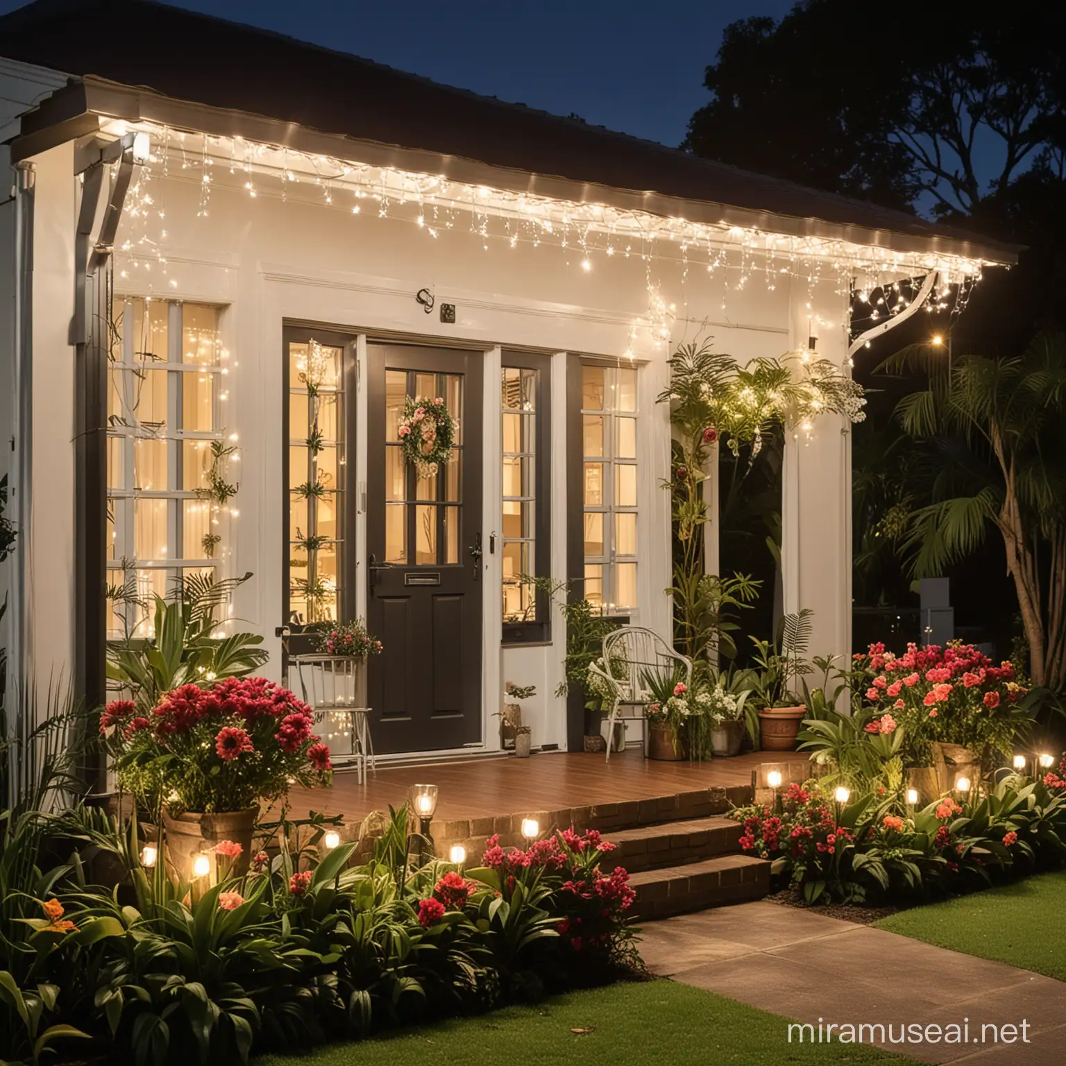 a beautiful bangalow decorated with lights and flowers