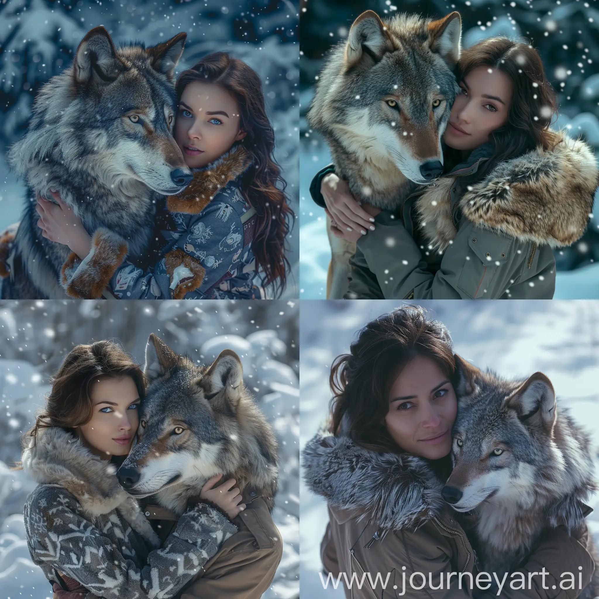 A beautiful woman with a grey wolf embracing, snowy, the woman wearing a jacket with fur collars, cold, polar, cinematic lighting, realistic image