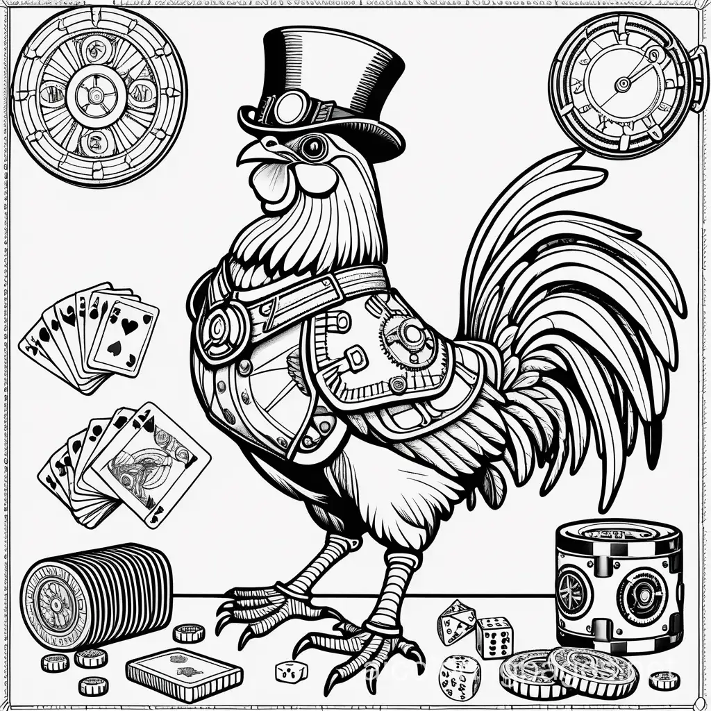 Steampunk-Chicken-Dinner-Coloring-Page-with-Playing-Cards-and-Poker-Chips