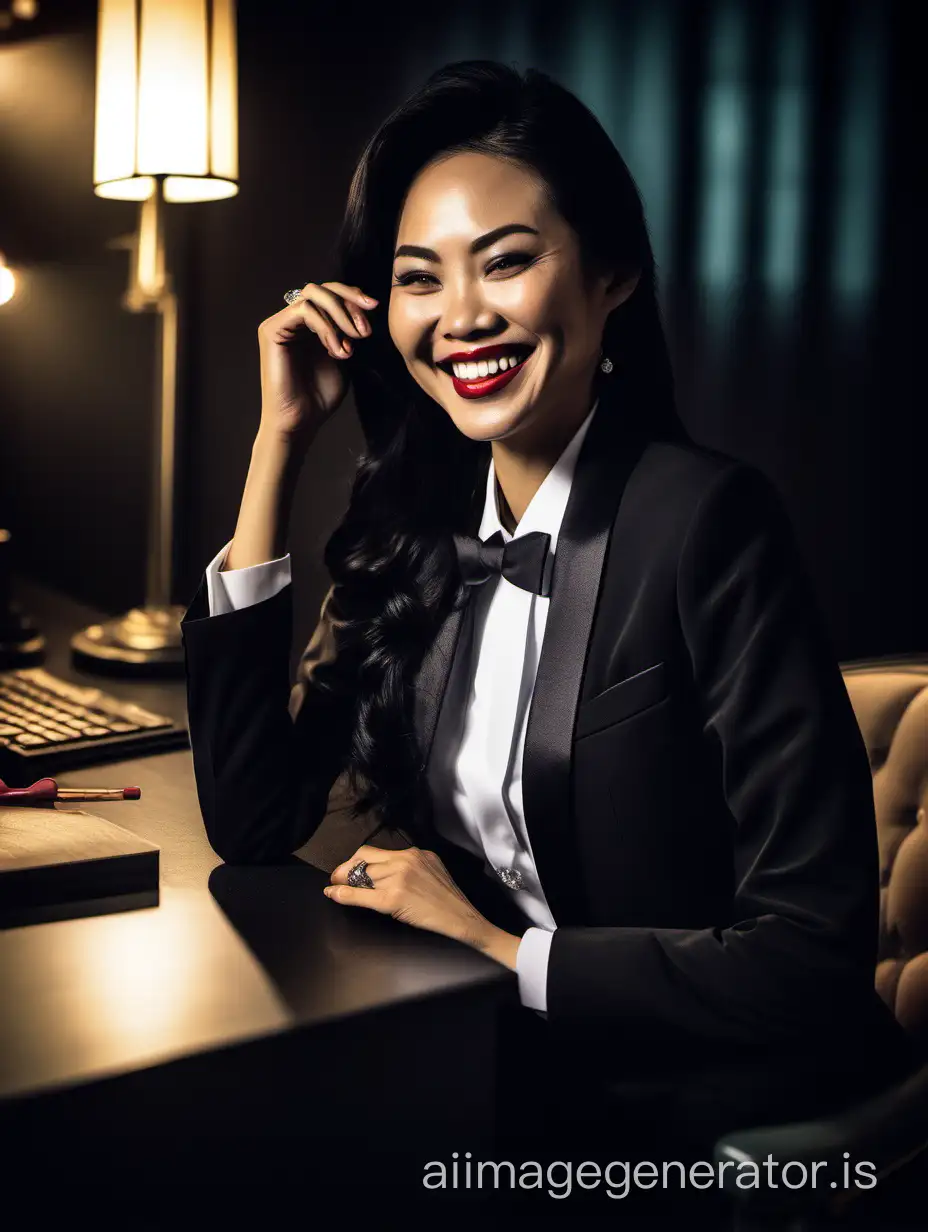 Elegant-Vietnamese-Woman-in-Tuxedo-at-Desk-in-Dark-Room