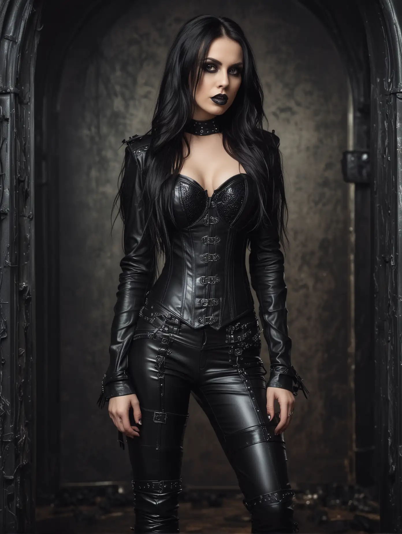 Gothic girl in latex corset and pants, long hair, smokey eye make up, gothic rocker man with leather pants. Easter egg, dark surroundings.