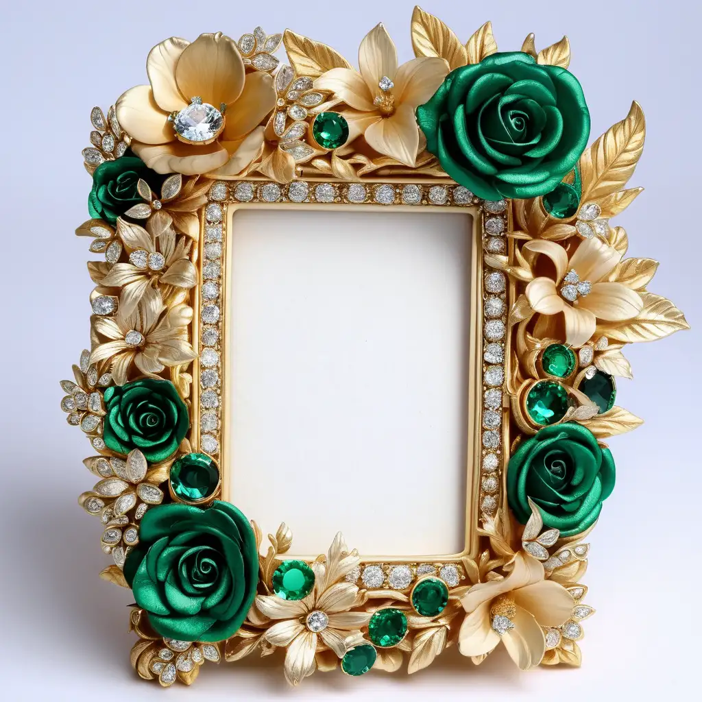 Elegant Wedding Picture Frame with Floral Accents in Gold Emerald and Diamond
