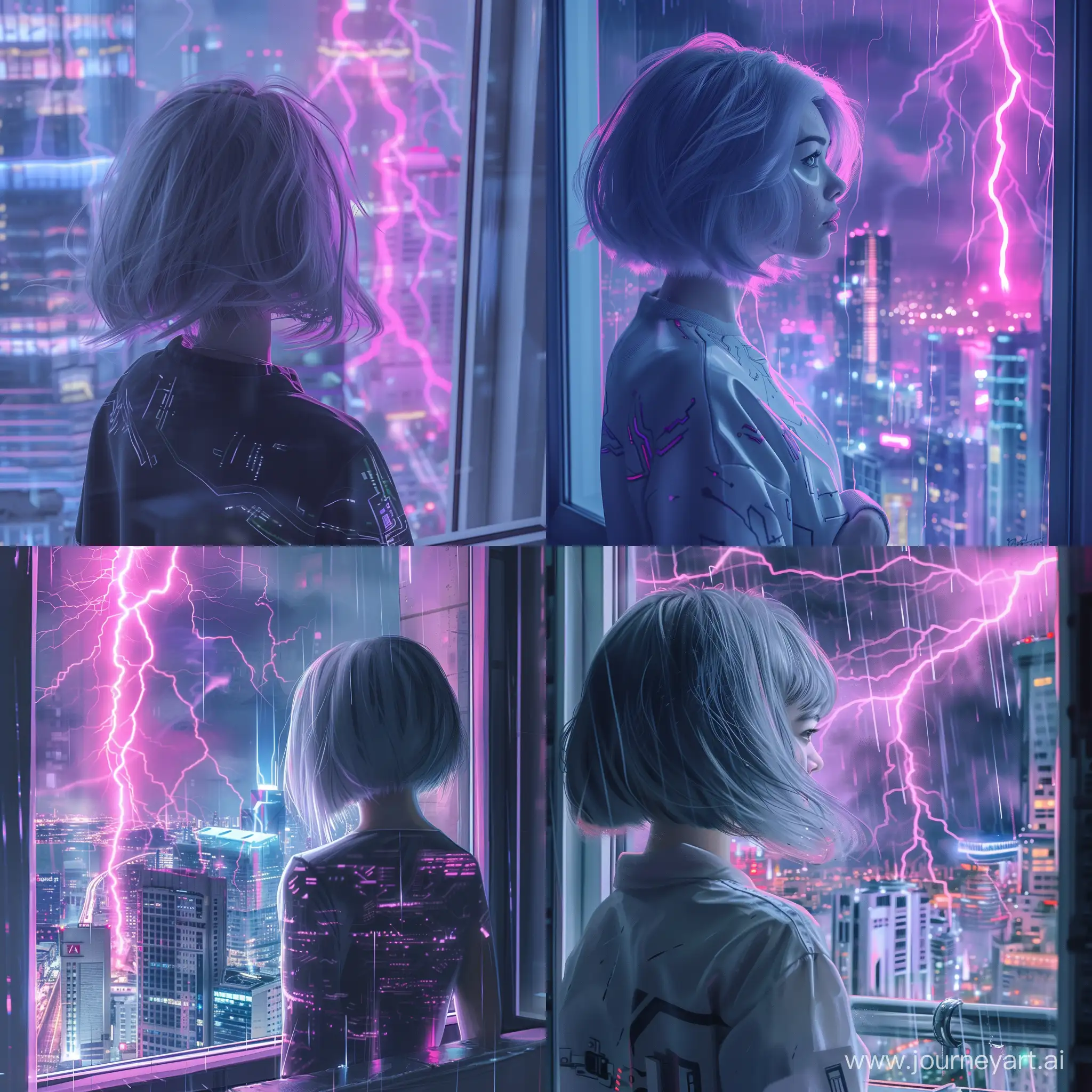 Nice girl with gray hair color and short hairstyle looking to cyberpunk city from window, the city lightning is pink or purple or blue, realistic art