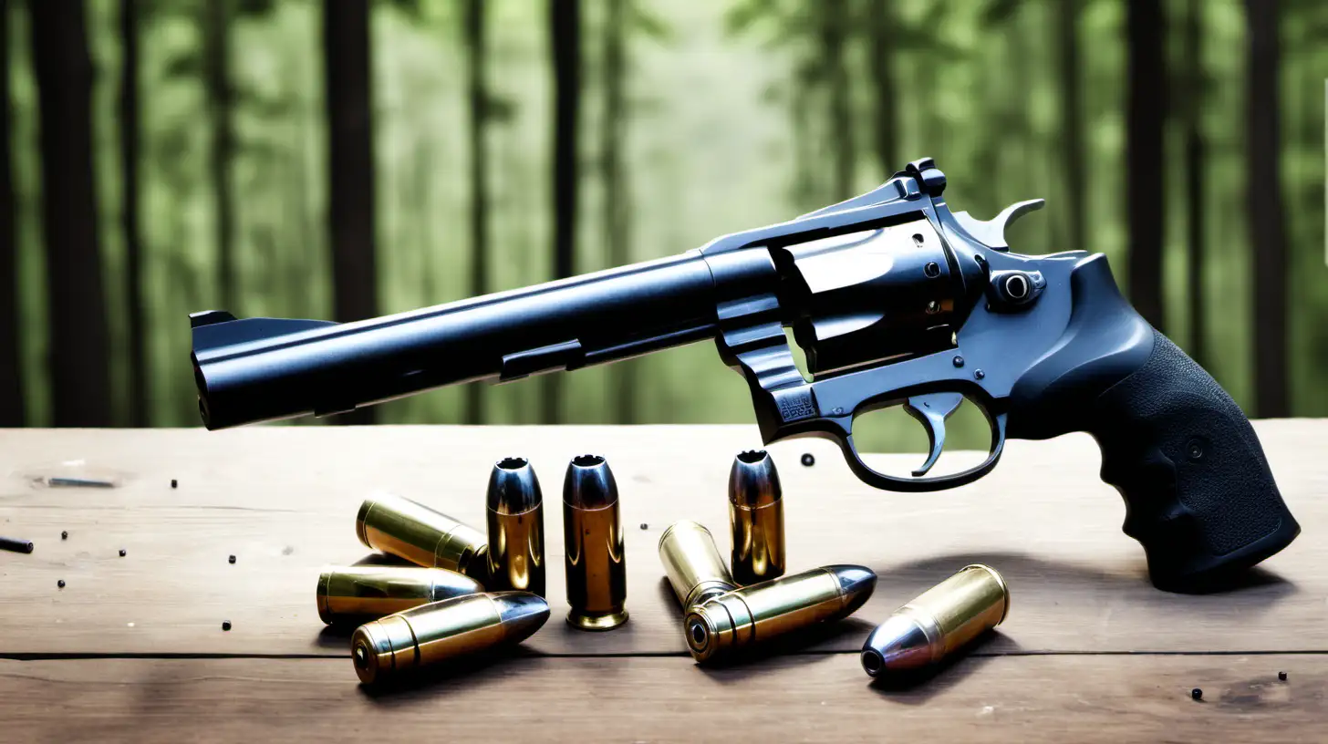 tactical revolver on wooden table, bullets on table, forest background