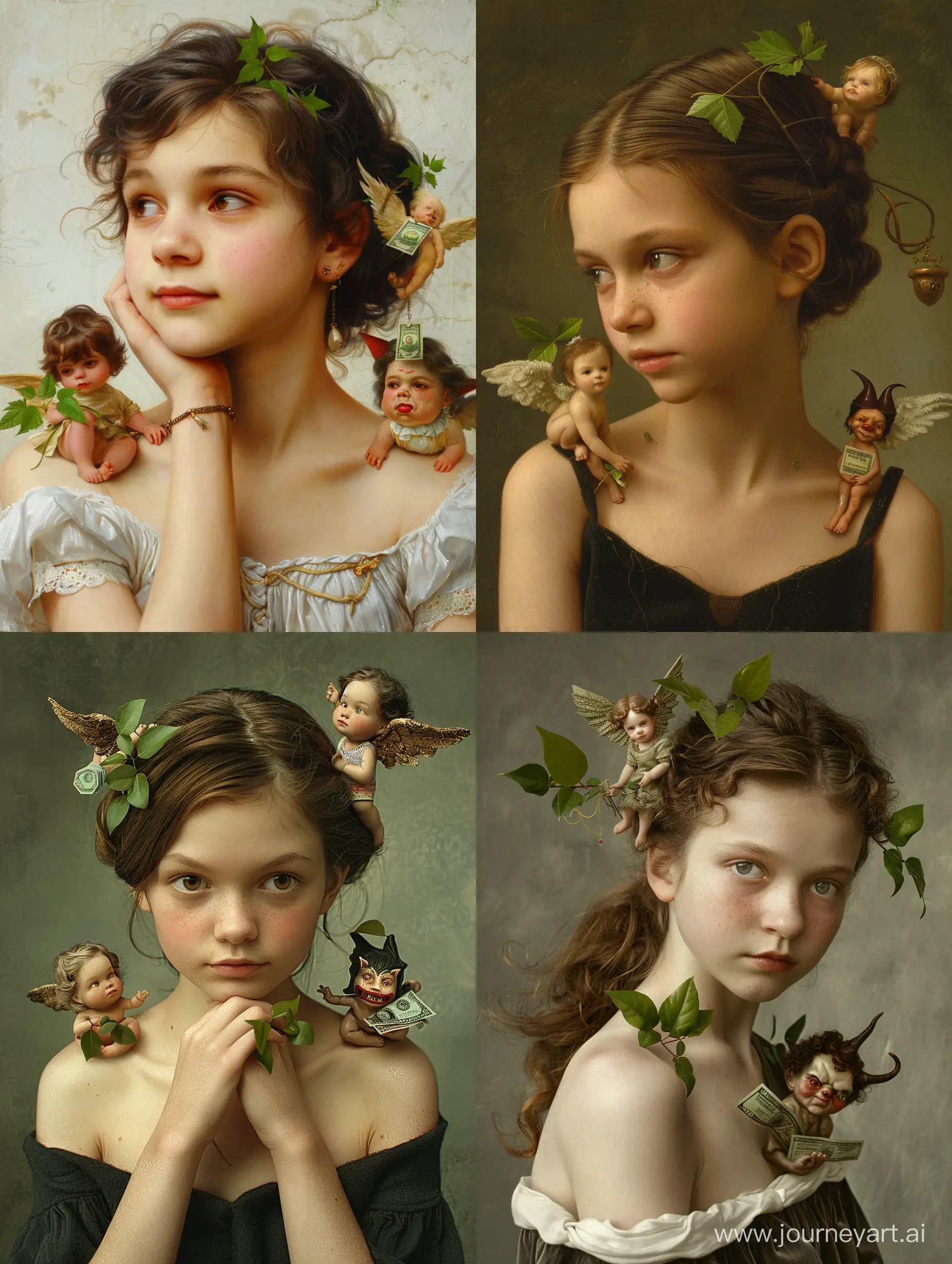 A young woman looking thoughtful, with a small angel holding green leaves sitting one shoulder, and a small devil holding money on the other shoulder.
