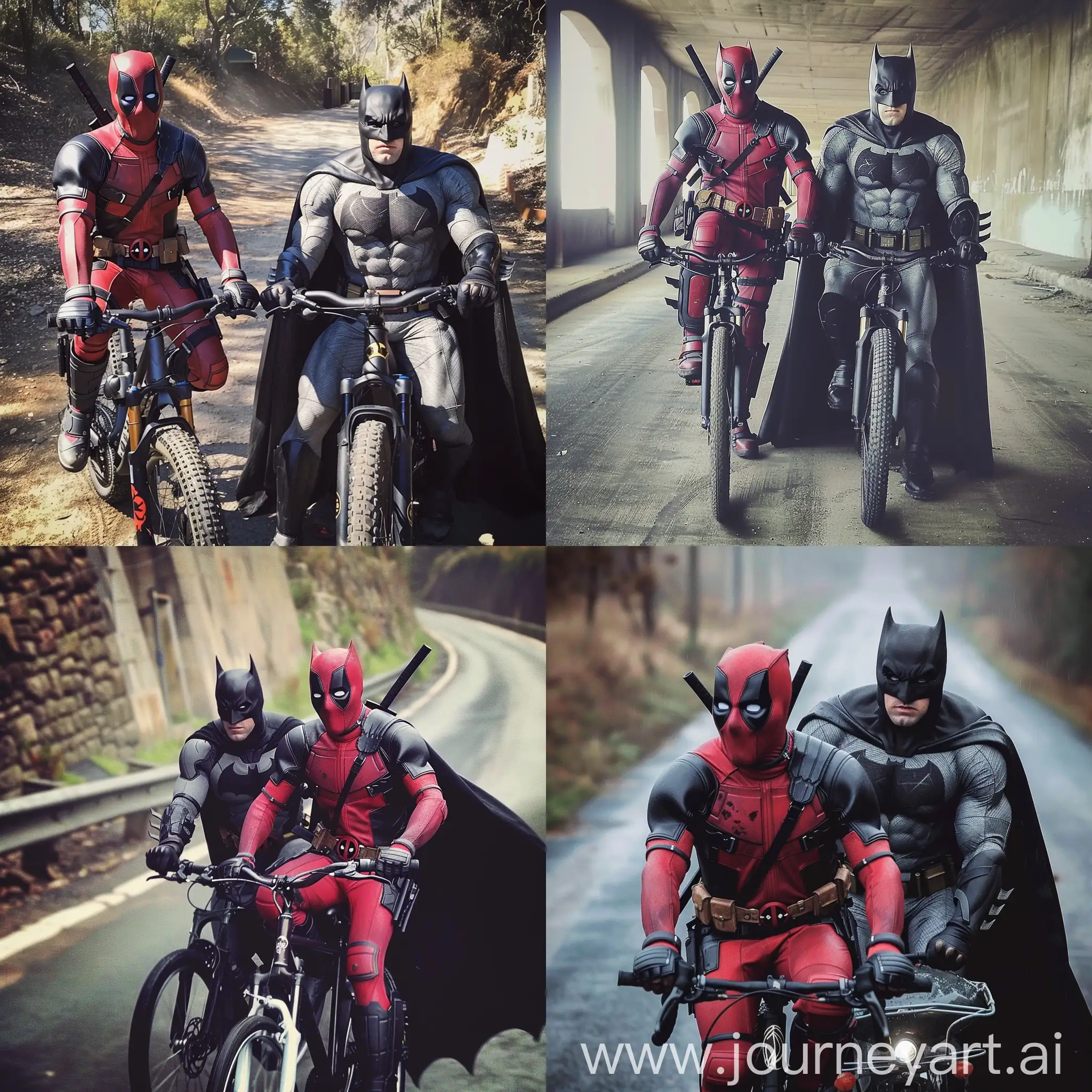 deadpool and batman on bike
