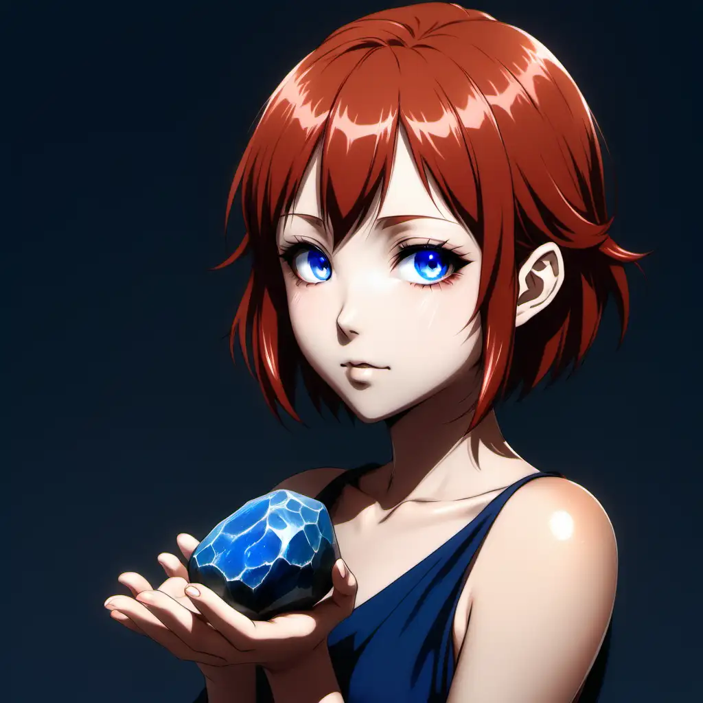Tan skin Anime Girl with short red hair holding a blue stone in her hands