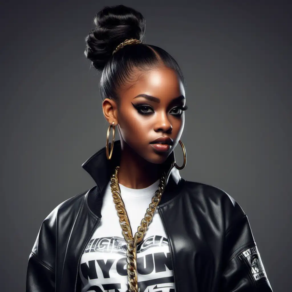 create a image of a black girl with a high ponytail, a chain. with tshirt and jacket 
deep grey eyes
