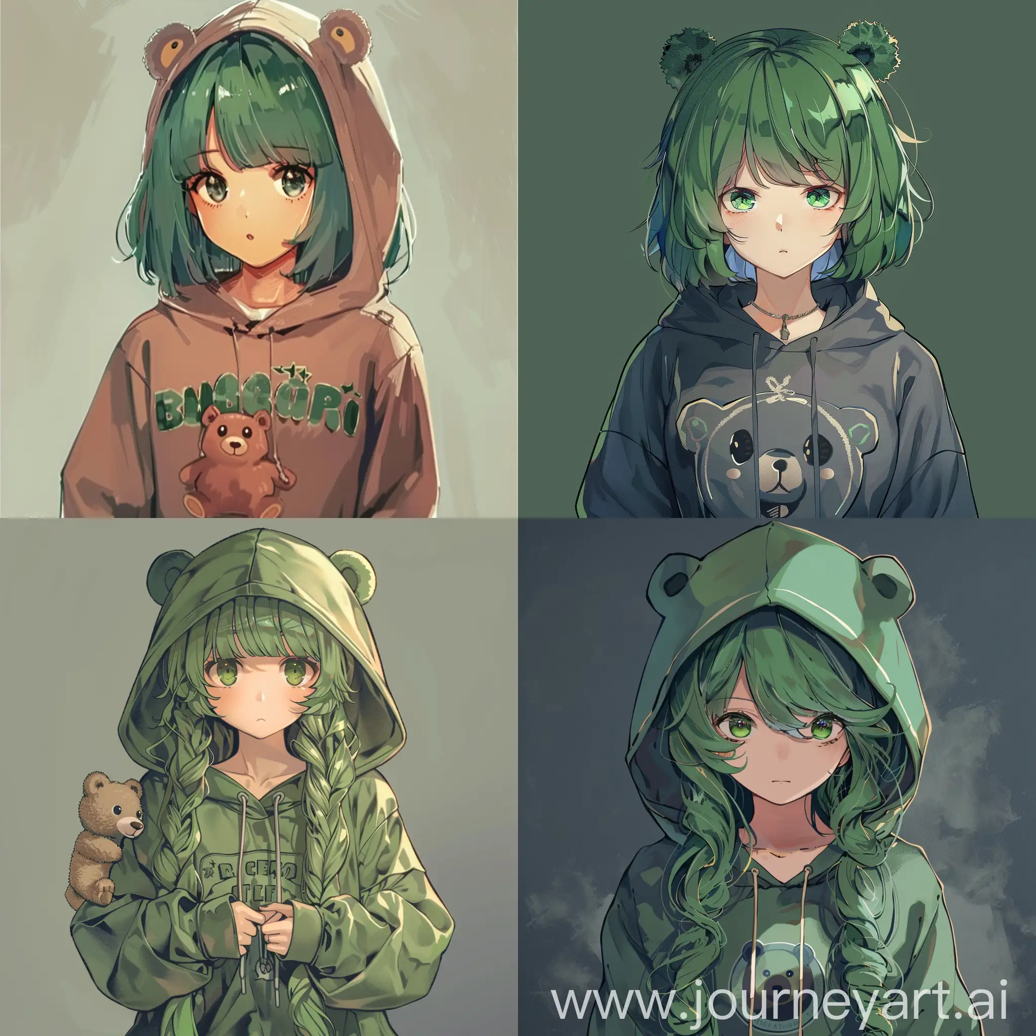 girl anime green hair hoodie with bear 