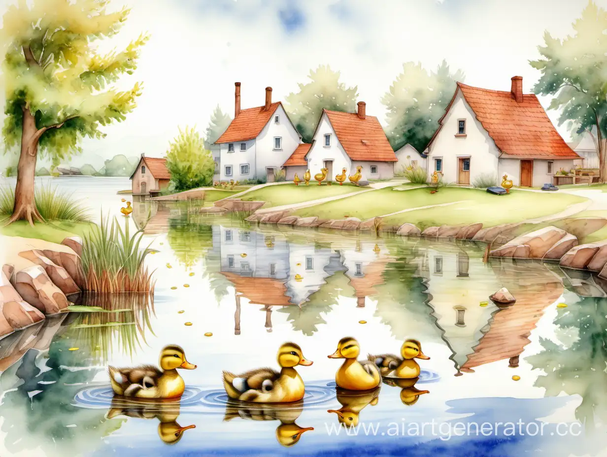 Ducklings-Swimming-in-Village-Lake-with-Pitchers-Watercolor-Illustration