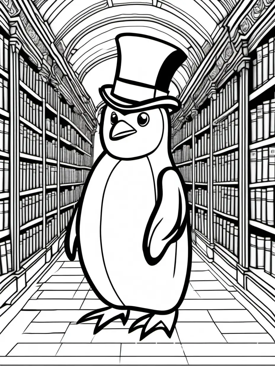 penguin wearing a top hat in an ancient library, Coloring Page, black and white, line art, white background, Simplicity, Ample White Space. The background of the coloring page is plain white to make it easy for young children to color within the lines. The outlines of all the subjects are easy to distinguish, making it simple for kids to color without too much difficulty