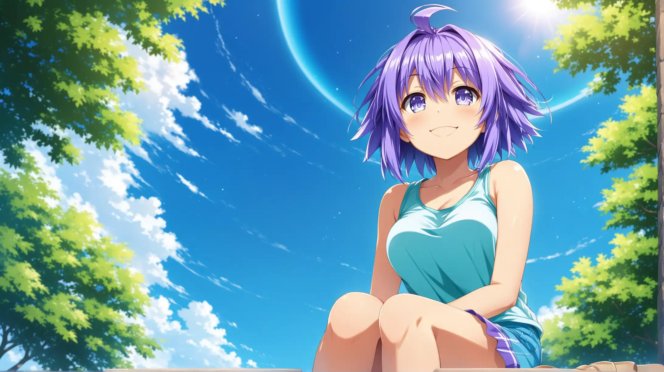 Draw the character Neptune from Hyperdimension Neptunia, short hair, high quality, natural lighting, long shot, outdoors, low angle, sitting, looking up at the sky, wearing a casual outfit, smiling