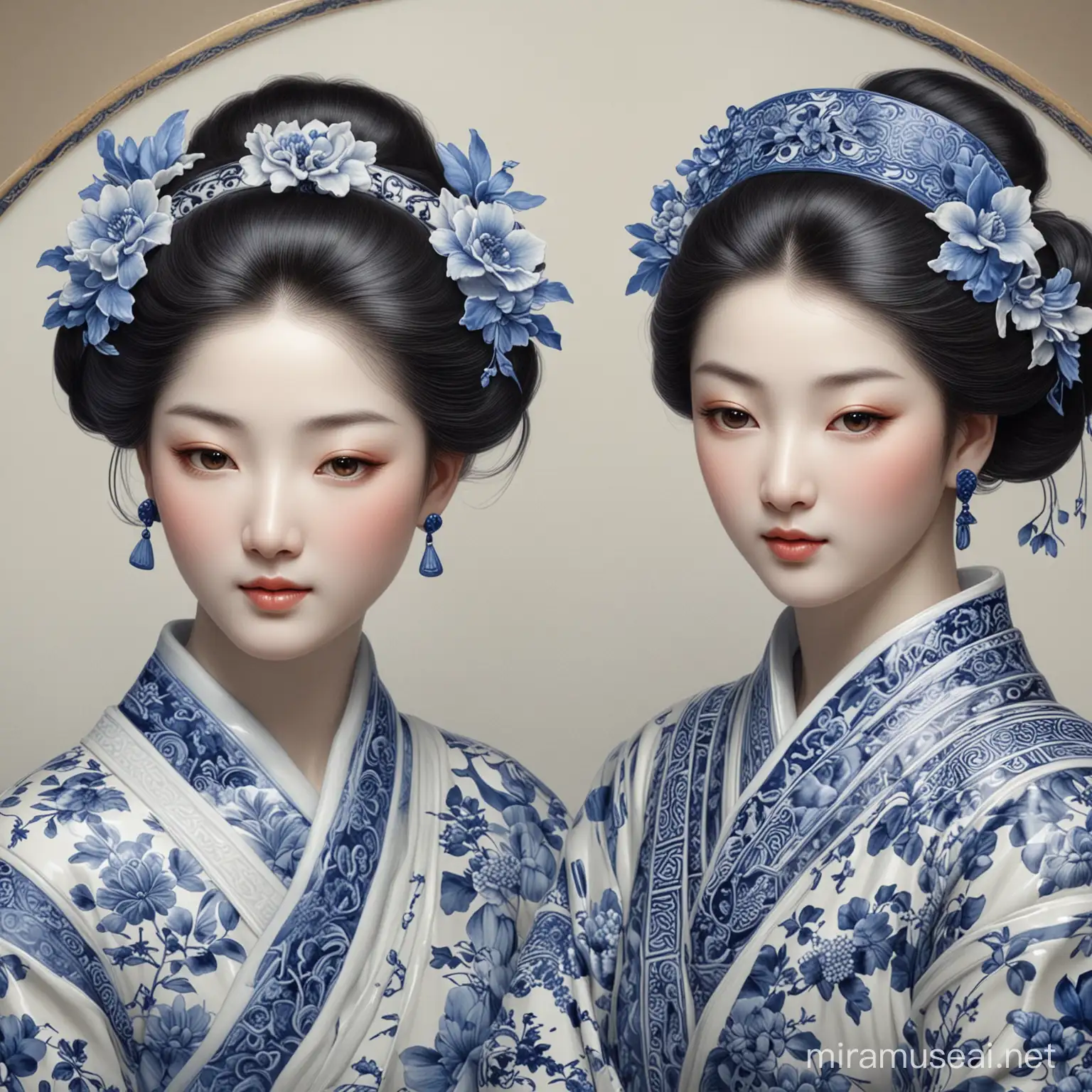 Ancient Oriental Beauties in Blue and White Porcelain Artwork