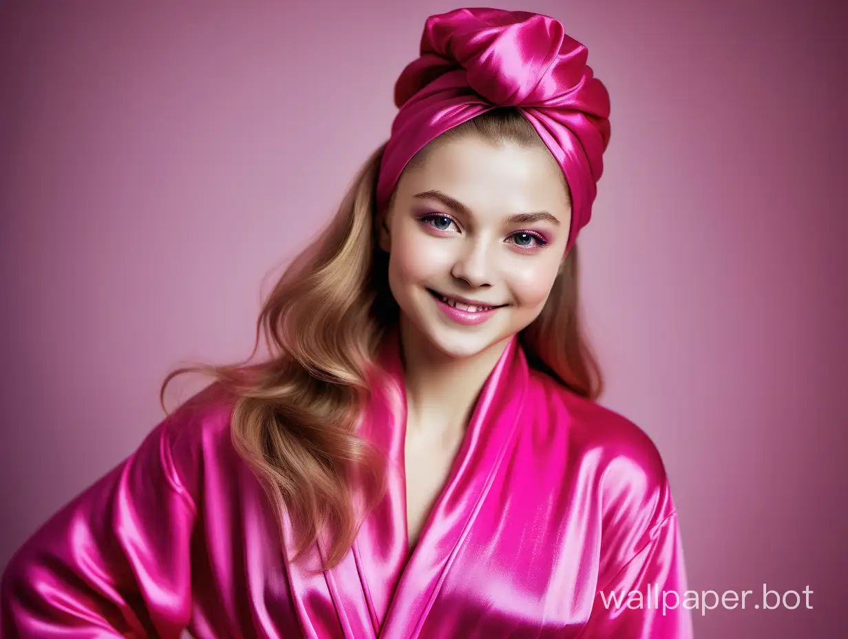 Elegant, gentle Yulia Lipnitskaya with long silky hair Smiling in Pink Fuchsia Silk Robe with Pink fuchsia Silk TowelTurban