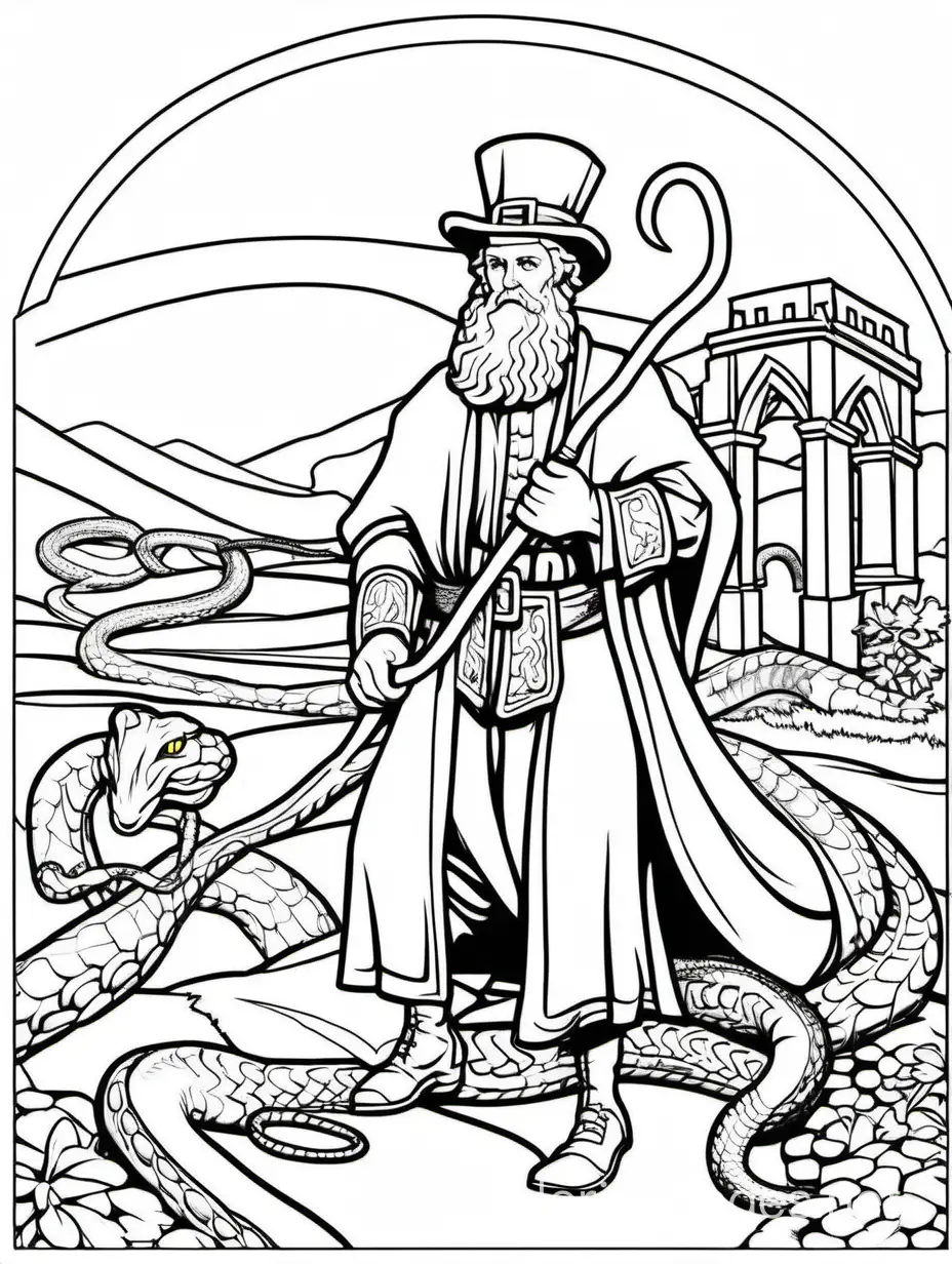 St. Patrick driving snakes out of Ireland
, Coloring Page, black and white, line art, white background, Simplicity, Ample White Space. The background of the coloring page is plain white to make it easy for young children to color within the lines. The outlines of all the subjects are easy to distinguish, making it simple for kids to color without too much difficulty