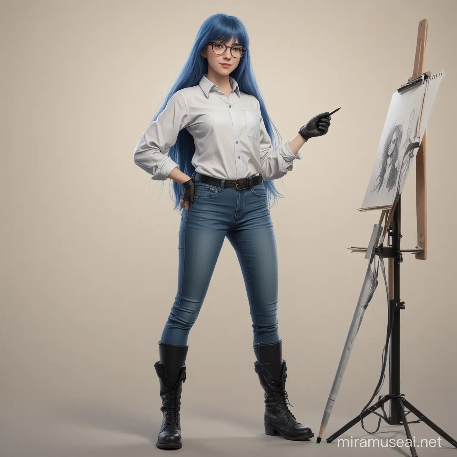 Una estudiante de animación, con pelo largo color azul y fleco, que use lentes, que use playera de manga larga, que use jeans, que use botas negras, que use un guante para dibujar en una sola mano, que sostenga un lápiz para arte digital.