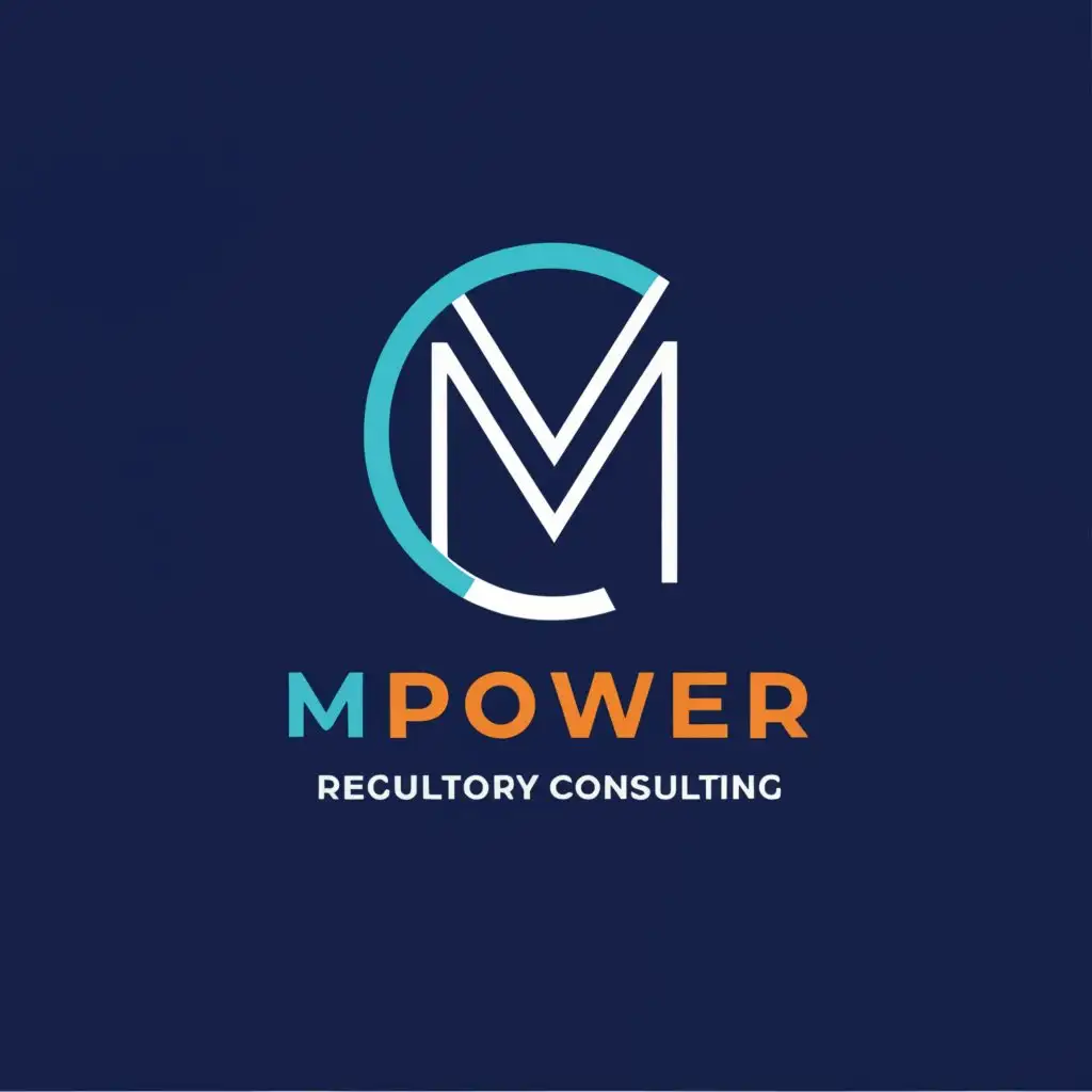 a logo design, on a subtle blue pattern background with the text MPower Regulatory Consulting, main symbol: M in a teal green circle next to POWER thinner font, Minimalistic, clear royal blue background orange in the swish. keep the same in png