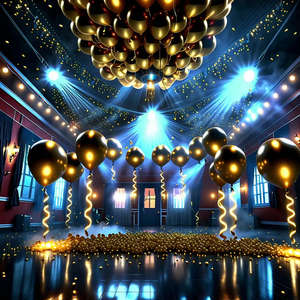 a party hall, a disco ball, party lights, night view, gold balloons around the party hall, misty, mystique, high detailed, photorealistic, beautiful, fireflies, dynamic lights,
High quality.
HD.
Fantasy style.