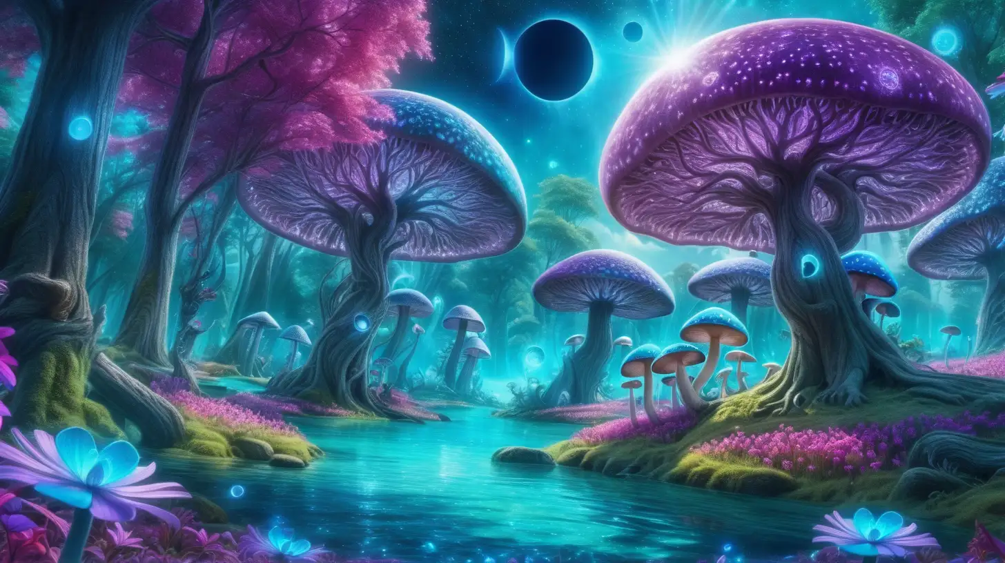 Solar eclipse in the sky. Forest of Bright royal-green and blue big, flower trees, purple, pink surrounded in turquoise-blue-river. Daylight, 8k, fairytale mushrooms, glowing. Magical, fantasy and potions