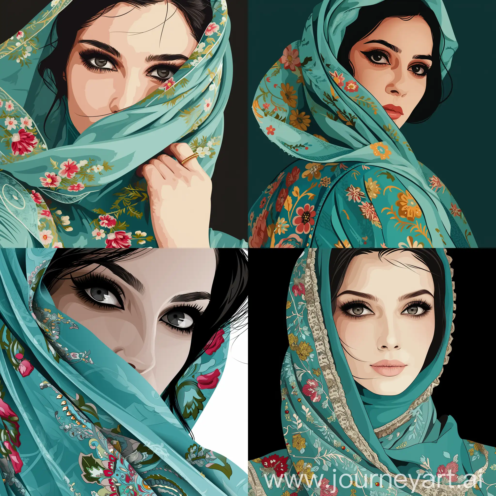 intricate extreme close up vector art portrait of beautiful woman, Persian appearance, perfect Dark navy color eyes and black hair, modest turquoise dress of the Sultana, wearing a floral traditional hijab scarf that a little part of hair is coming out from under the scarf , vector art illustration style, simple background, perfect composition, 32k --style raw --niji 6