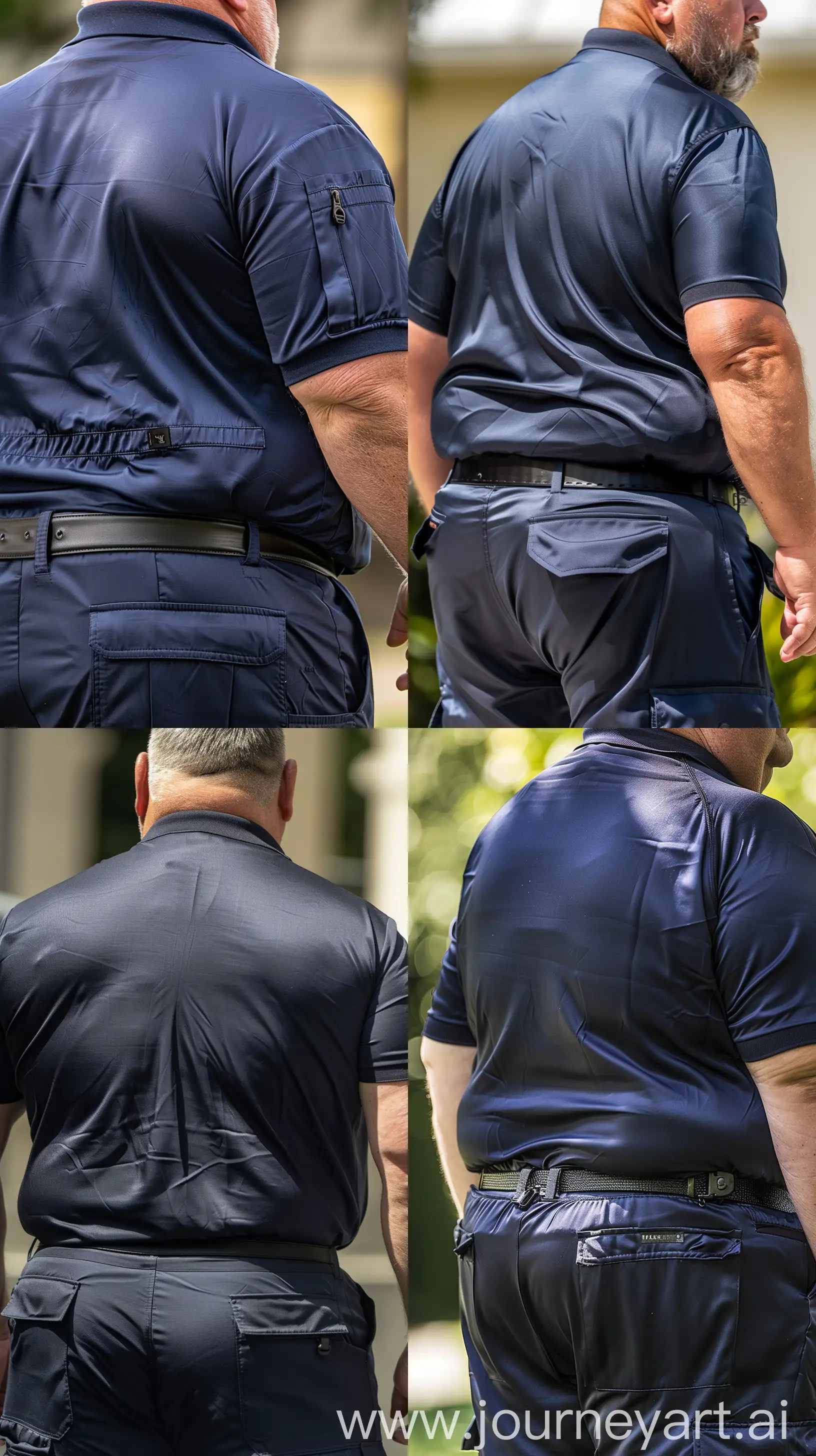 Close-up back view photo of a fat man aged 60 wearing a silk navy cargo pants and a tucked in silk navy sport polo. His bust is slitghly bending foward. Black tactical belt. Outside. Natural light. --style raw --ar 9:16