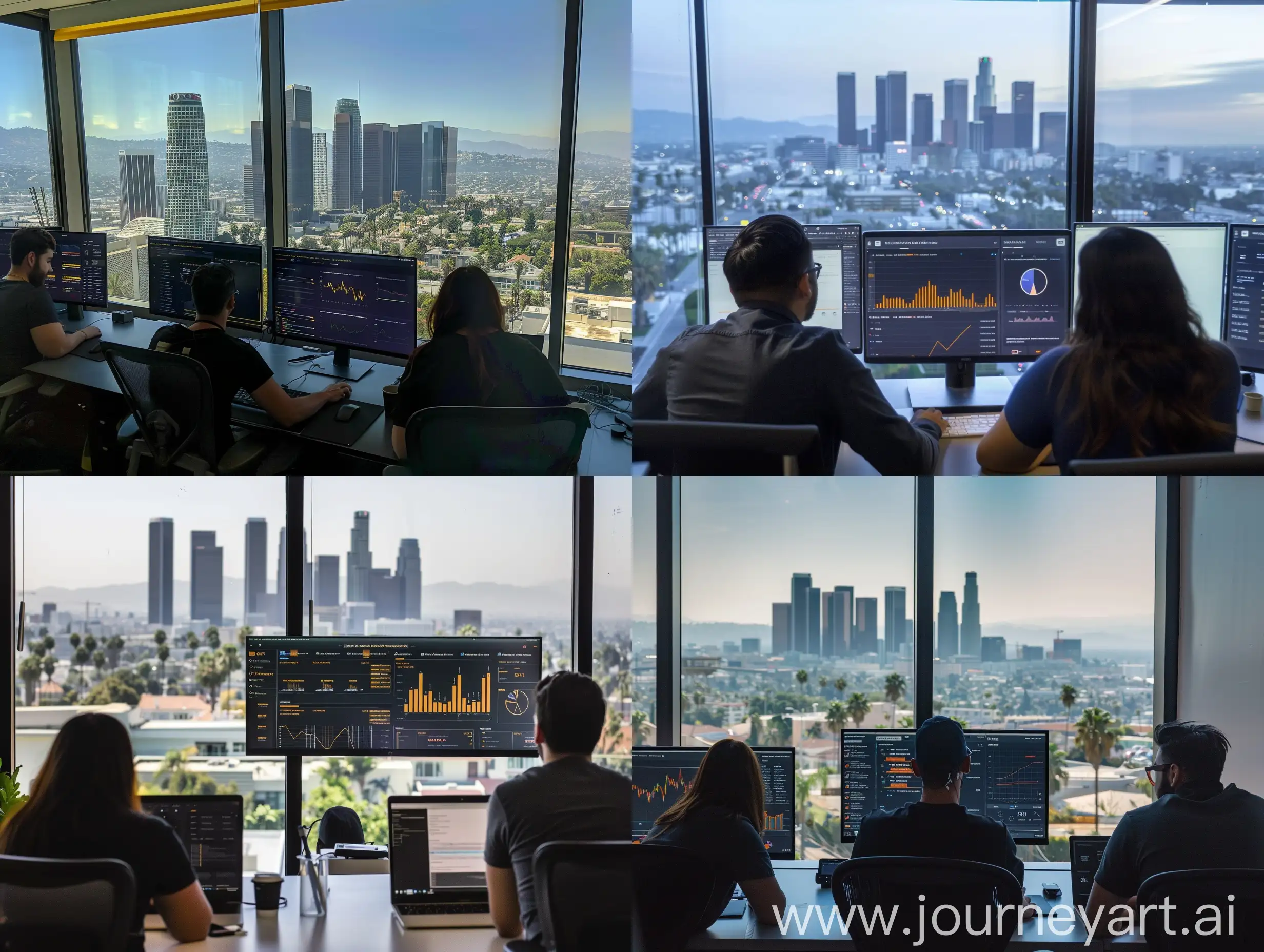 employee are working with their in tech startup office with view of los anegles  on window . in monitor the views of dark theme data analytics dashboard 