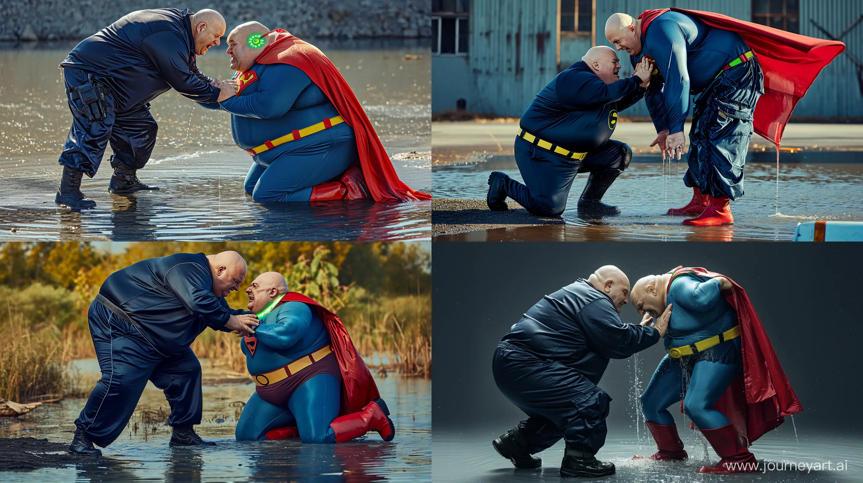 Photo of a serious chubby man aged 70 wearing a silky navy tracksuit and black tactical boots, bending over and putting his hands on the head of another angry chubby big man aged 70 kneeling in water who is wearing a silky blue superman costume with a large red cape, red boots, blue shirt, blue pants, yellow belt, red trunks, small glowing green collar around his neck. Outside. Bald. Clean Shaven. --style raw --ar 16:9 --v 6