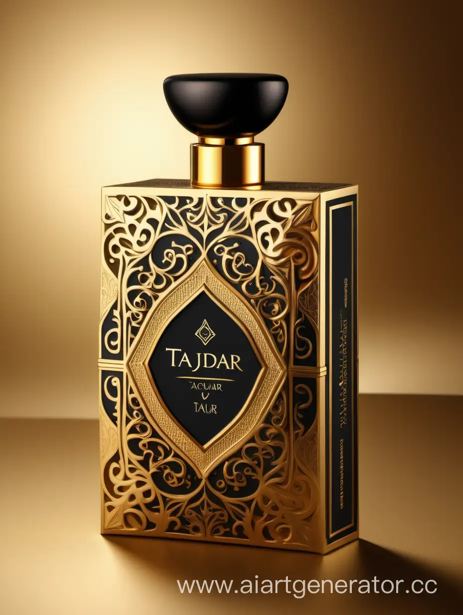 Luxurious-Perfume-Box-Design-TAJDAR-Product-in-Elegant-Gold-Royal-Black-and-Beige