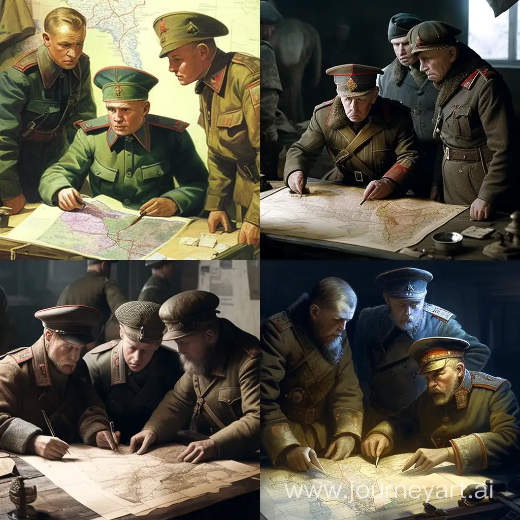 : russian soldiers and the general at headquarters look at the map of the fighting and develop an action plan:: --v 4