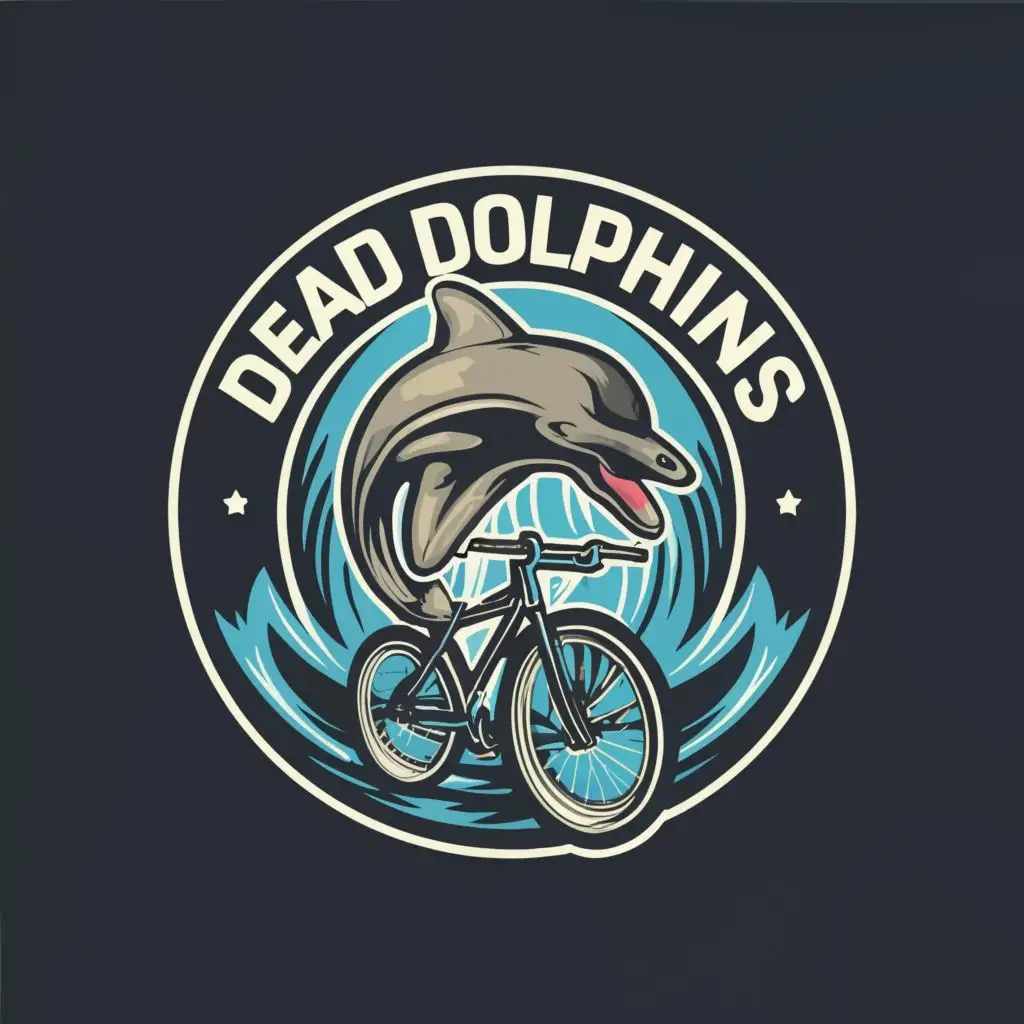 logo, a dolphin with x's for eyes and tongue sticking out riding a mountain bike, with the text "Dead Dolphins", typography, be used in Sports Fitness industry