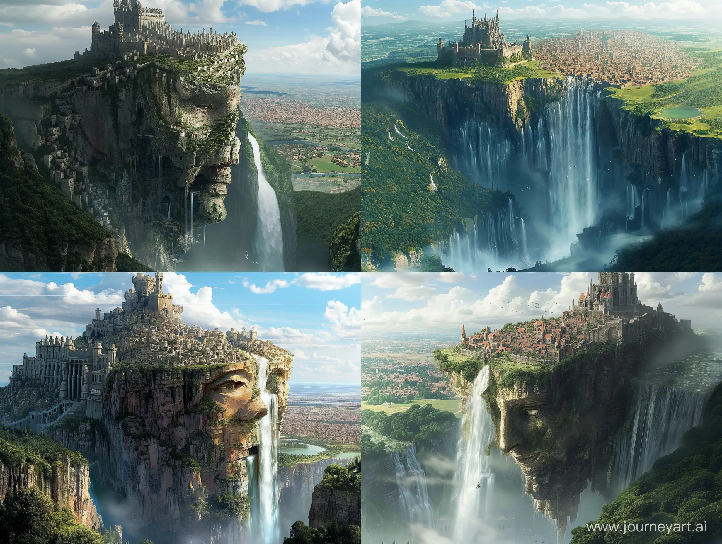a large fantasy city, near a plateau with a sheer cliff face and a large waterfall, a striking castle and wall on top of the plateau, the city built into the cliff face, a large sprawl of city in the valley below, coniferous forests surrounding the city, a large lake at the bottom of the waterfall