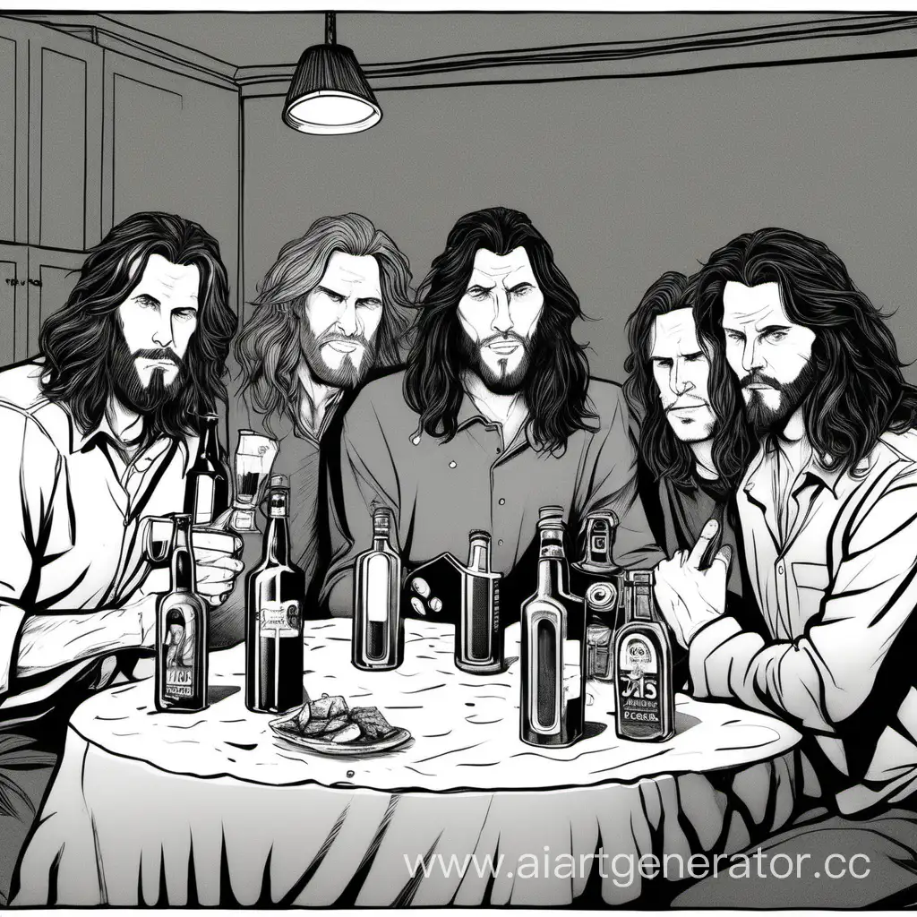 алкогольная вечеринка пяти длинноволосых 
хикканов, только парни