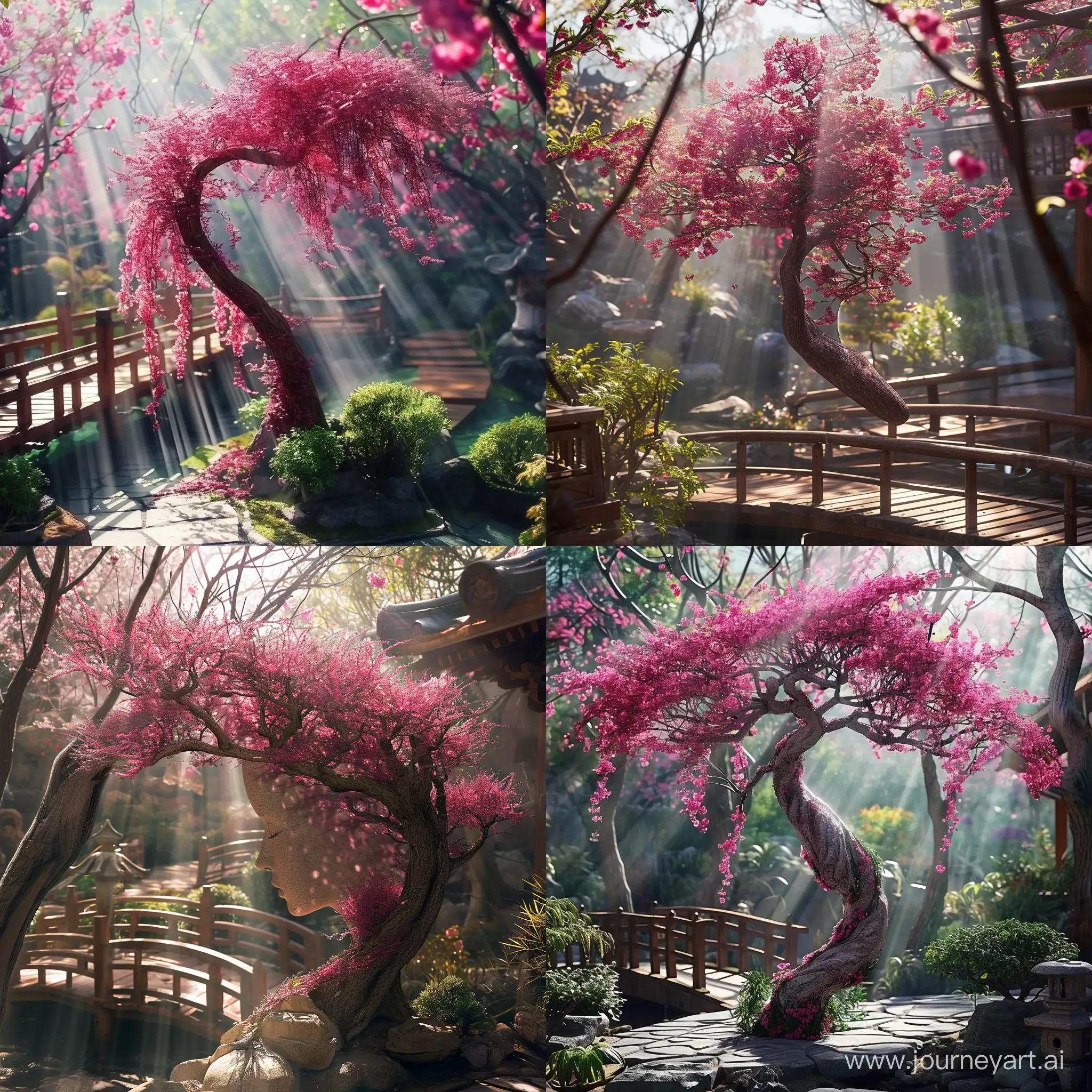 Enchanting-Fuchsia-Tree-Sculpture-in-Tranquil-Japanese-Garden