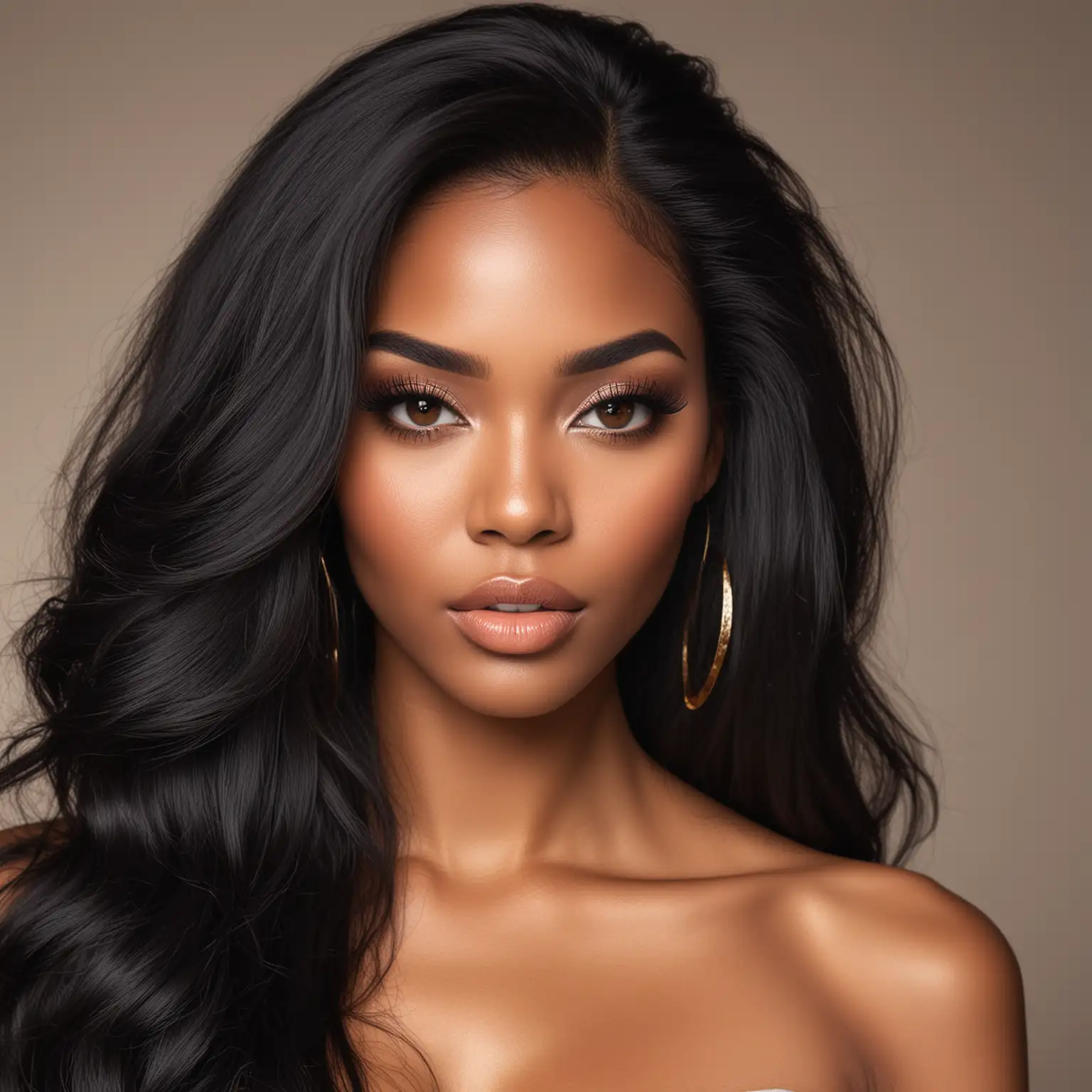 Beautiful African American woman with long black hair, neutral facial expression, long voluminous lashes, Glam makeup look, luxury photoshoot