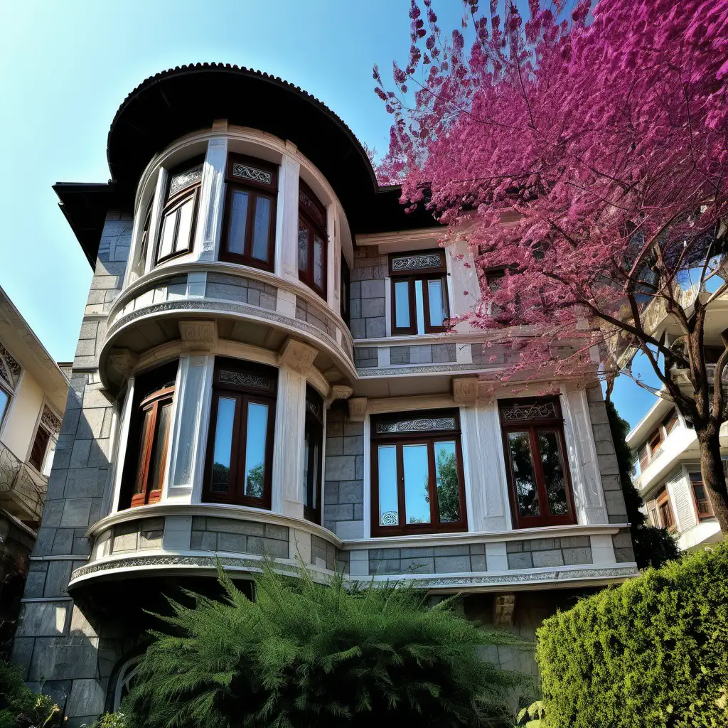 traditional Turkish house in Istanbul, new period Ottoman style, wooden windows, stone facade, circular windows, bay window, big garden, people, sunny weather, Judas tree in the garden,