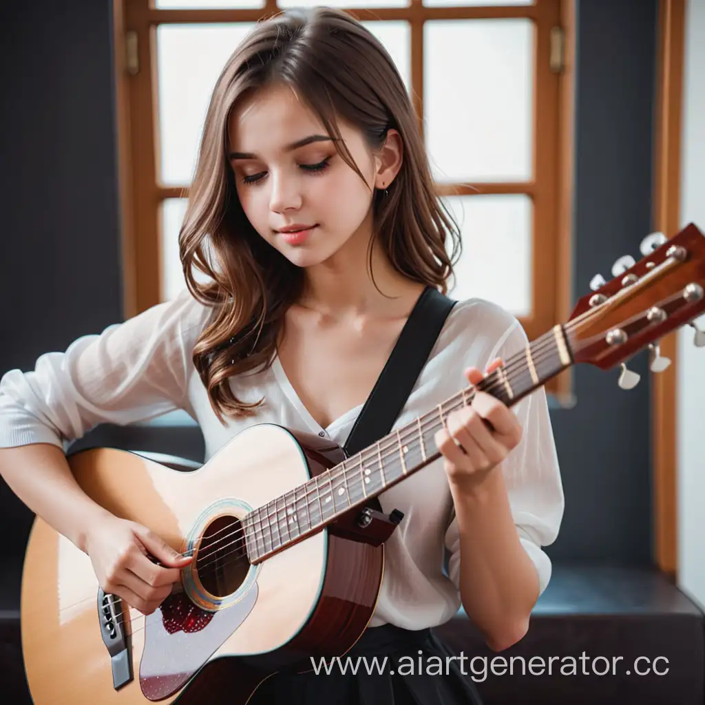 Very beautiful girl.She is playing the guitar.