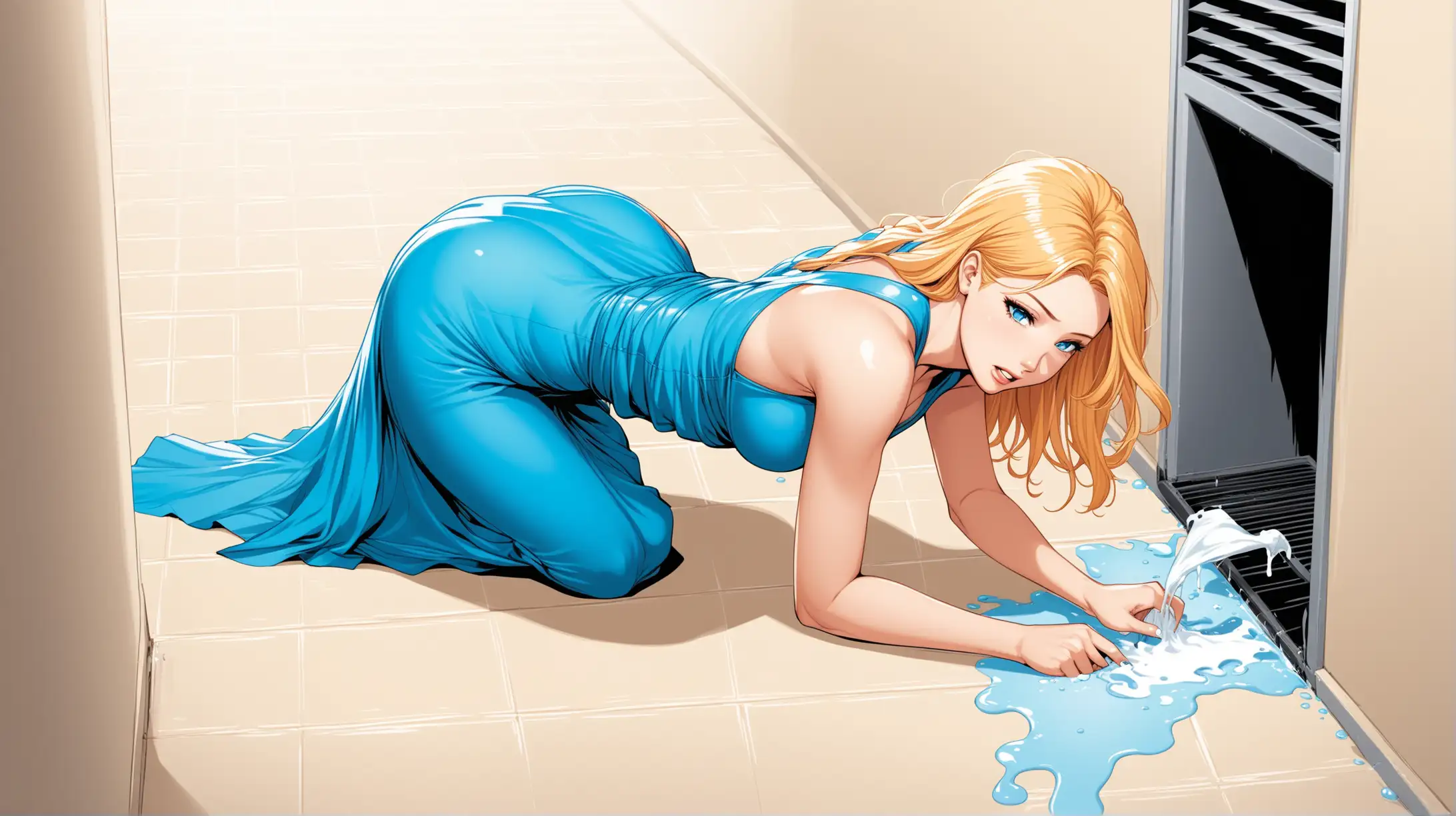 Illustration of a sexy woman wearing blue sexy dress holding a bleach crawling on rectangular floor vent  