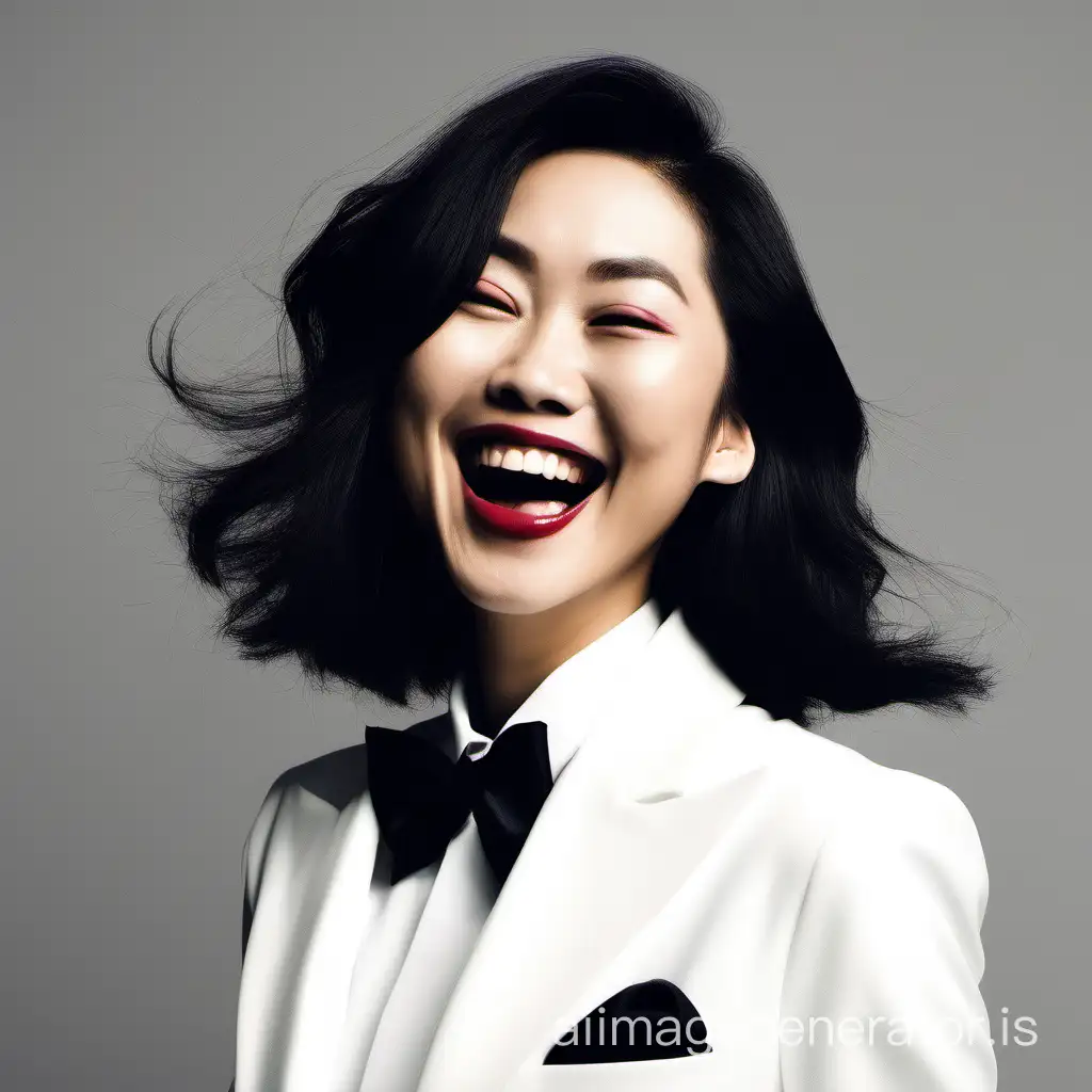 a giggling Asian woman with shoulder-length hair and lipstick wearing a tuxedo