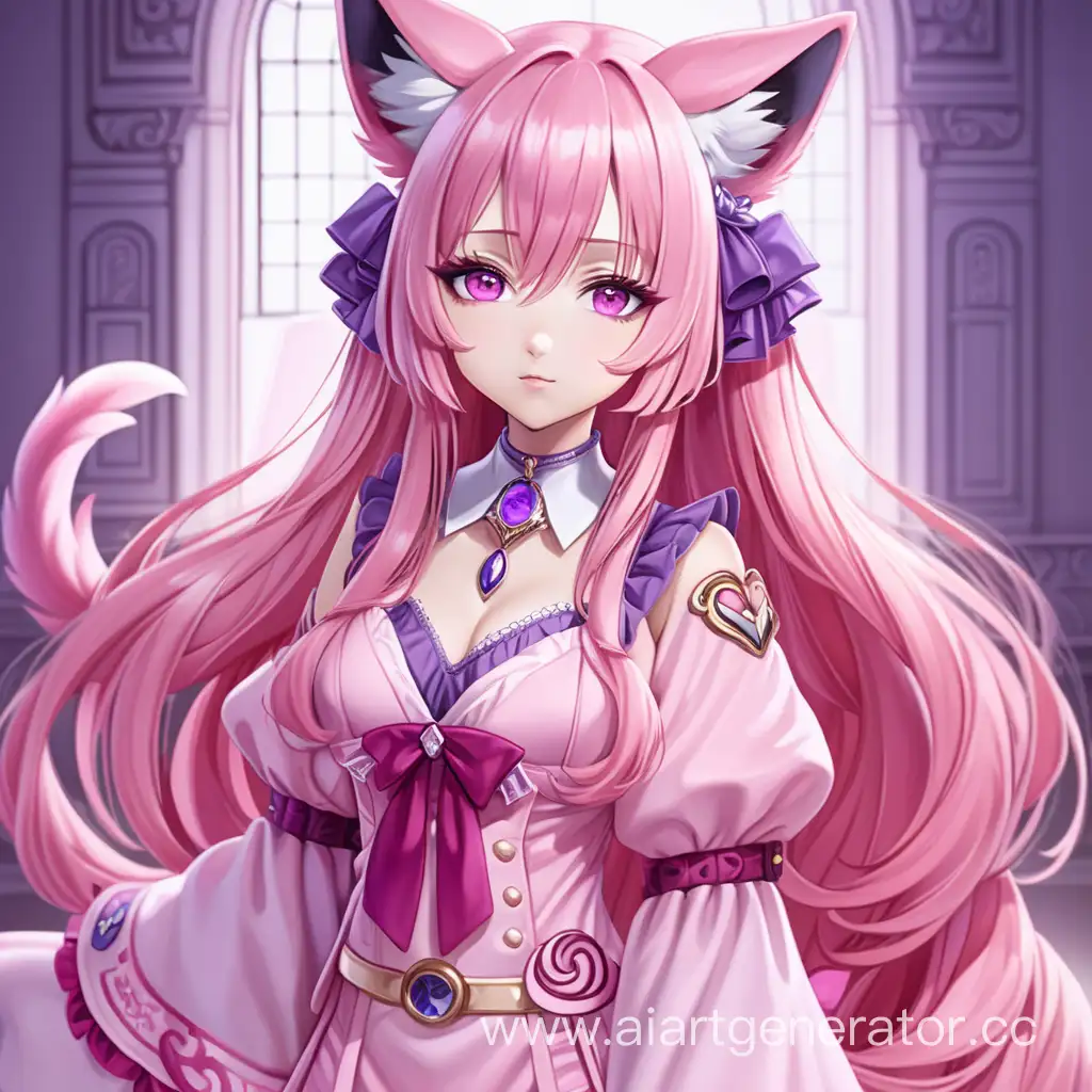 anime an adult girl with long pink hair, with pink color a tail and fox ears pink color , in a beautiful pink outfit with a neckline, with mommy energy and purple eyes With a haughty look